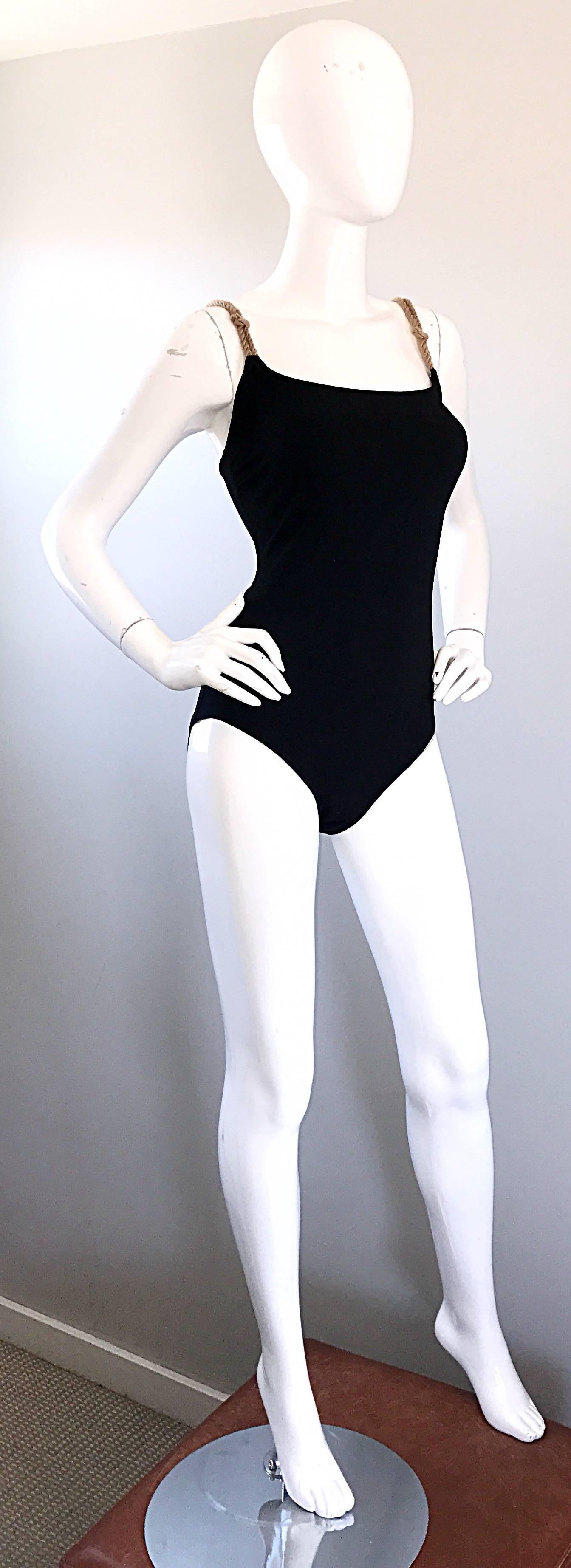 1990s Bill Blass Rope Strap Black Nautical One Piece Vintage Swimsuit Bodysuit In Excellent Condition For Sale In San Diego, CA