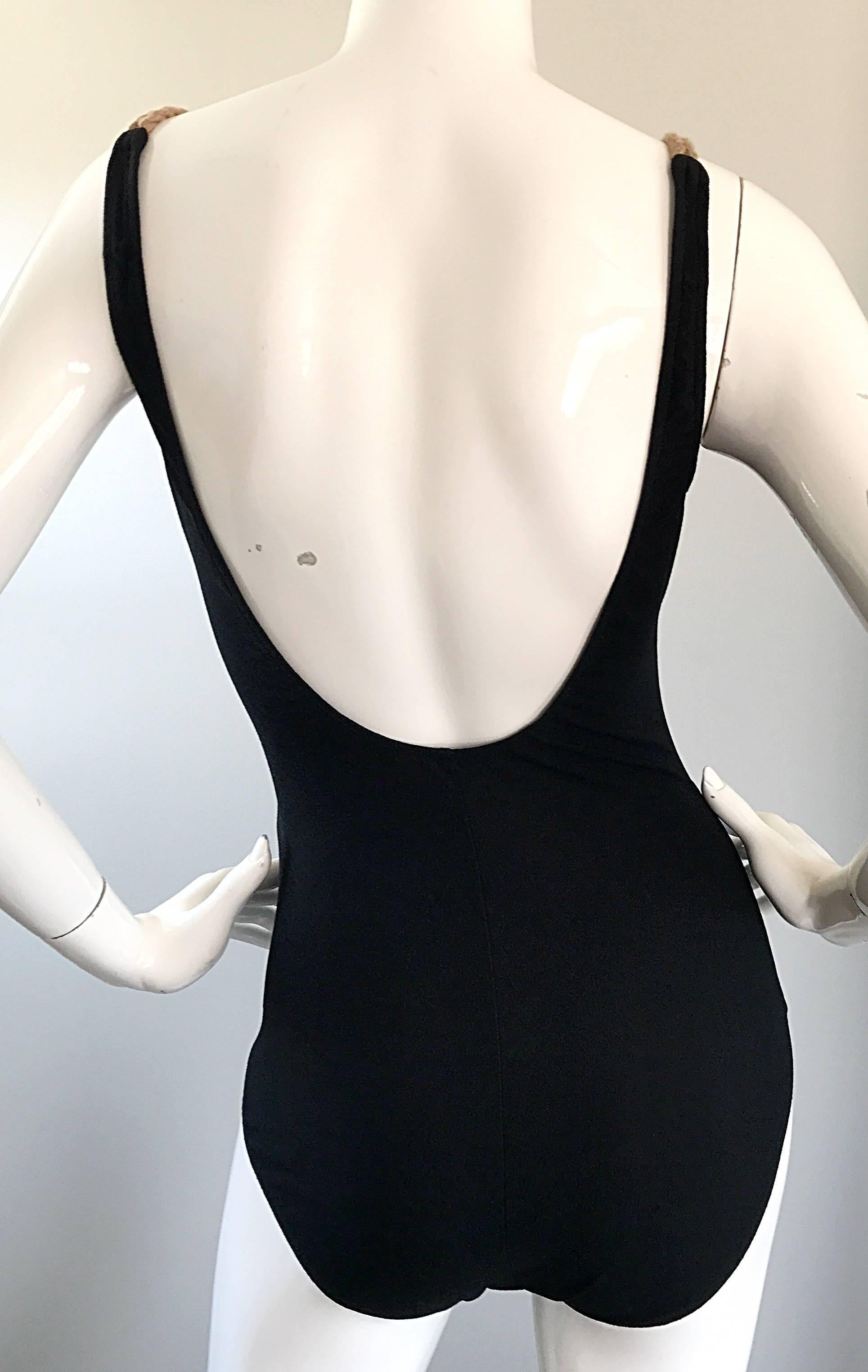 Women's 1990s Bill Blass Rope Strap Black Nautical One Piece Vintage Swimsuit Bodysuit For Sale