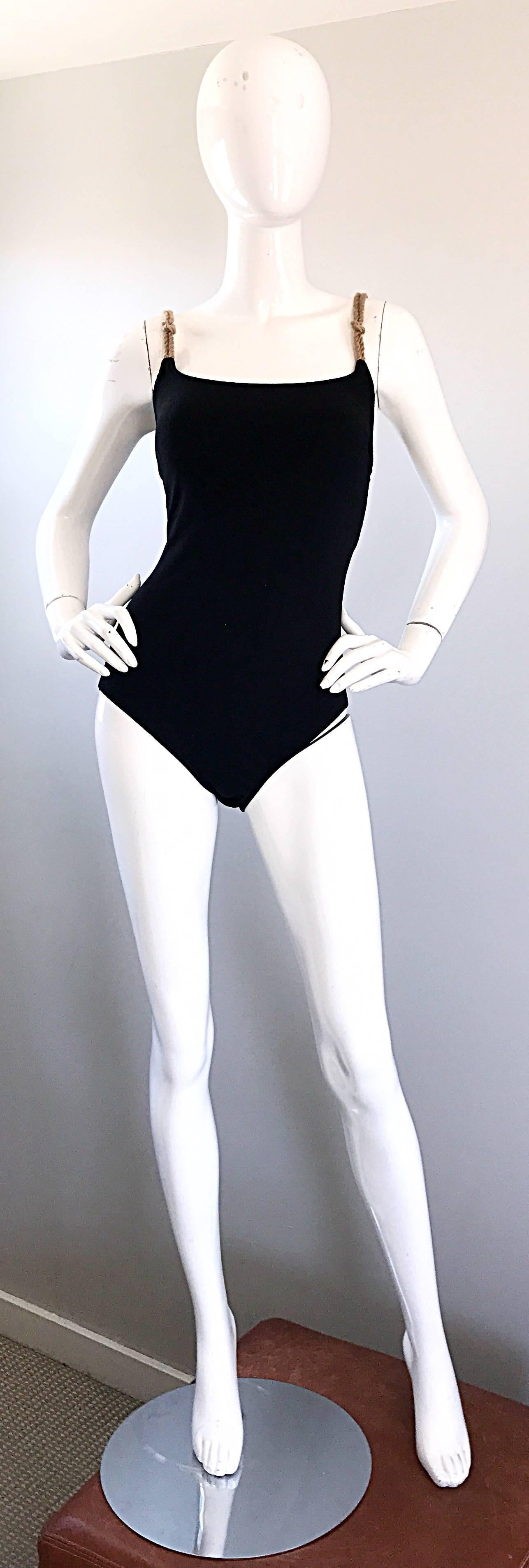1990s Bill Blass Rope Strap Black Nautical One Piece Vintage Swimsuit Bodysuit For Sale 1