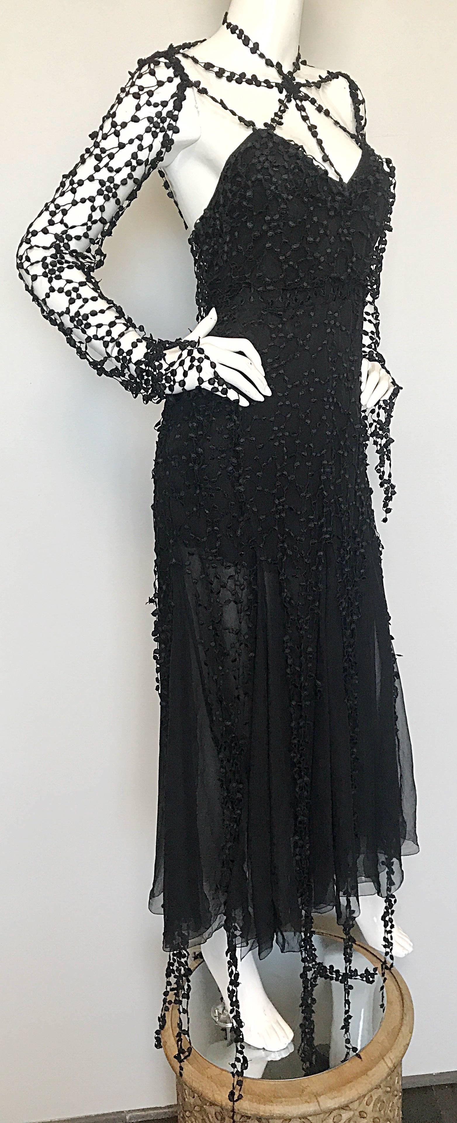 1990s Karl Lagerfeld Vintage ' Spiderweb ' Black Silk Chiffon Vintage 90s Dress In Excellent Condition In San Diego, CA