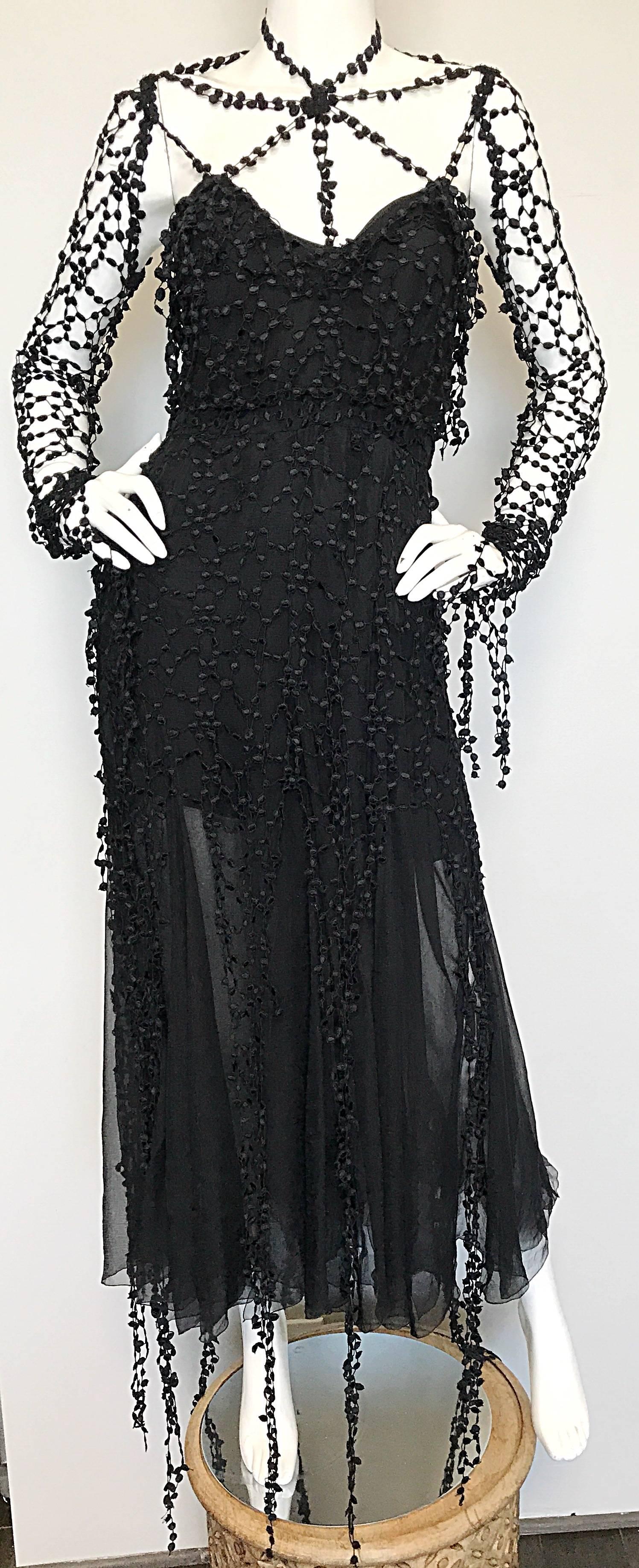 Women's 1990s Karl Lagerfeld Vintage ' Spiderweb ' Black Silk Chiffon Vintage 90s Dress