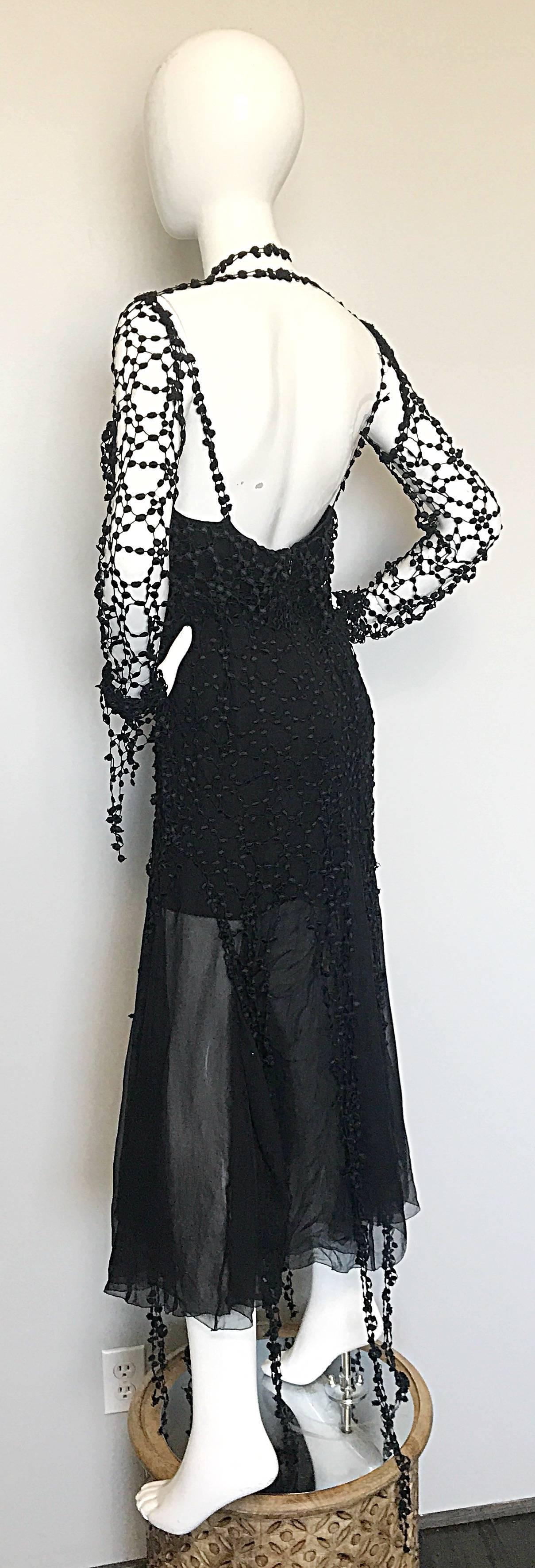 1990s Karl Lagerfeld Vintage ' Spiderweb ' Black Silk Chiffon Vintage 90s Dress 1