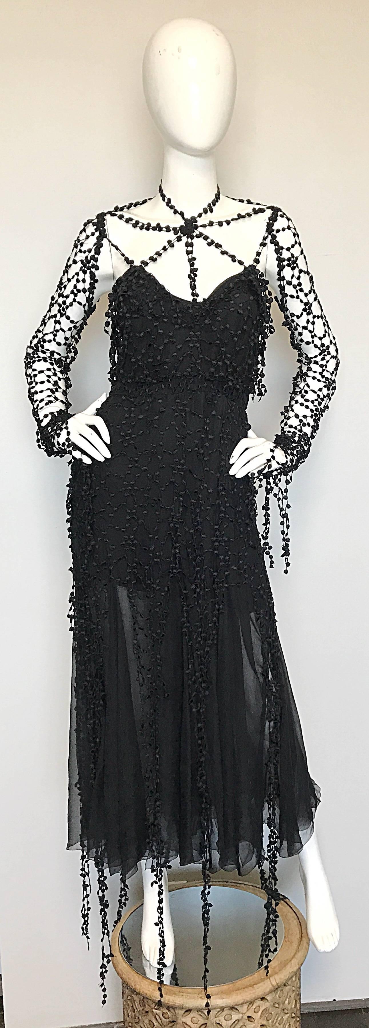 1990s Karl Lagerfeld Vintage ' Spiderweb ' Black Silk Chiffon Vintage 90s Dress 2