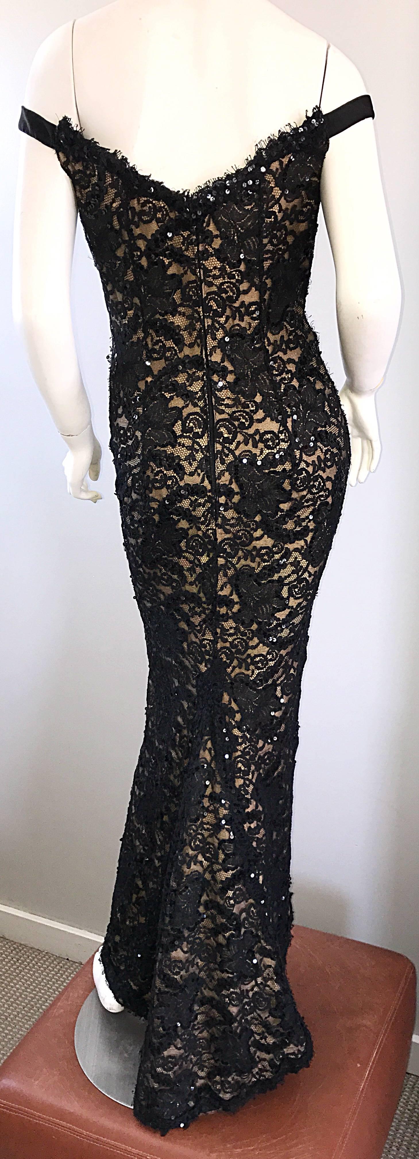 Women's Vintage Size 8 Bob Mackie Black Lace Sequin 1990s 90s Evening Off Shoulder Gown 