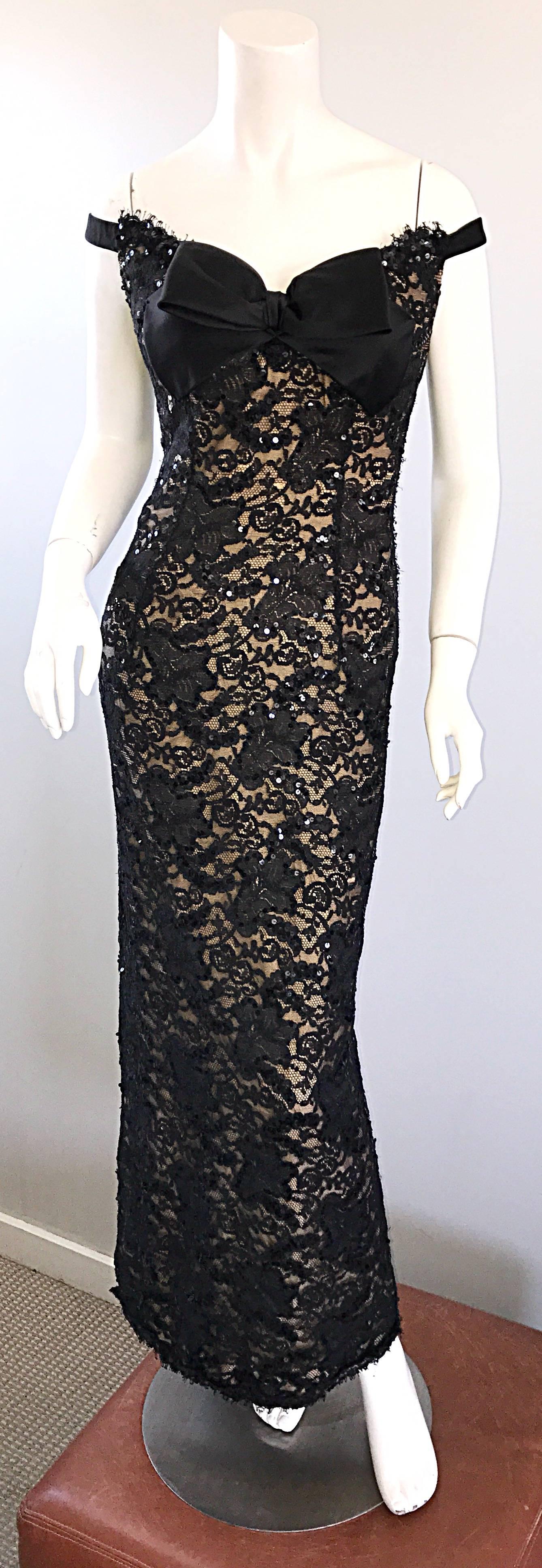 Vintage Size 8 Bob Mackie Black Lace Sequin 1990s 90s Evening Off Shoulder Gown  1