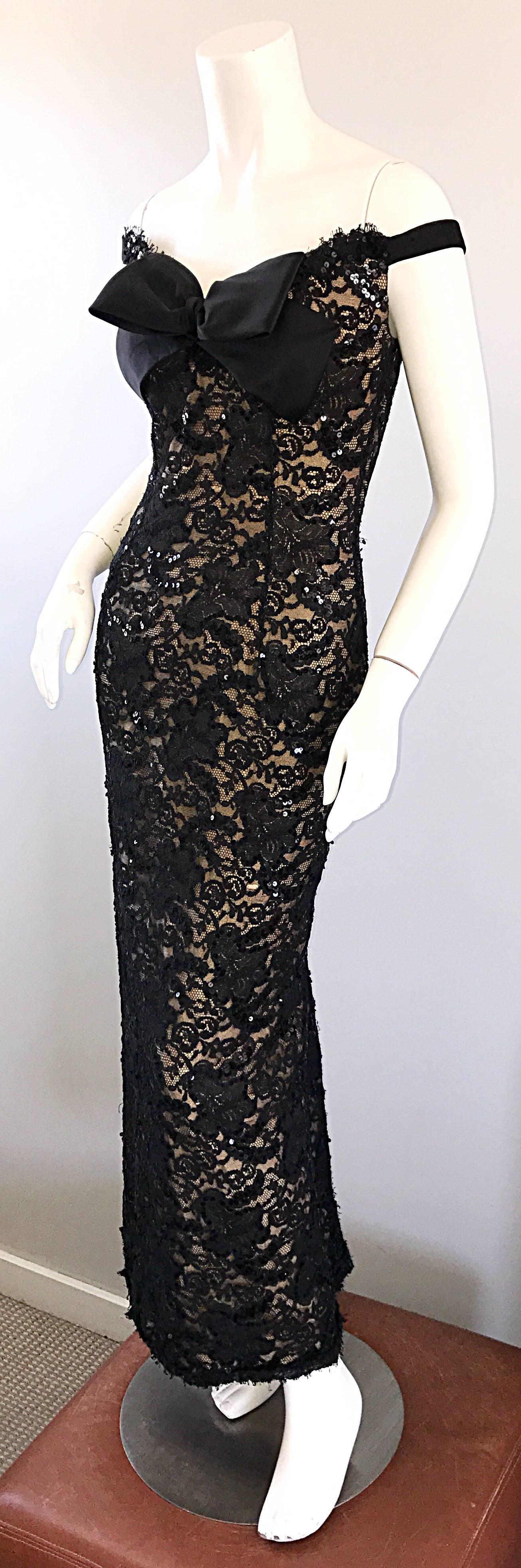 Vintage Size 8 Bob Mackie Black Lace Sequin 1990s 90s Evening Off Shoulder Gown  2