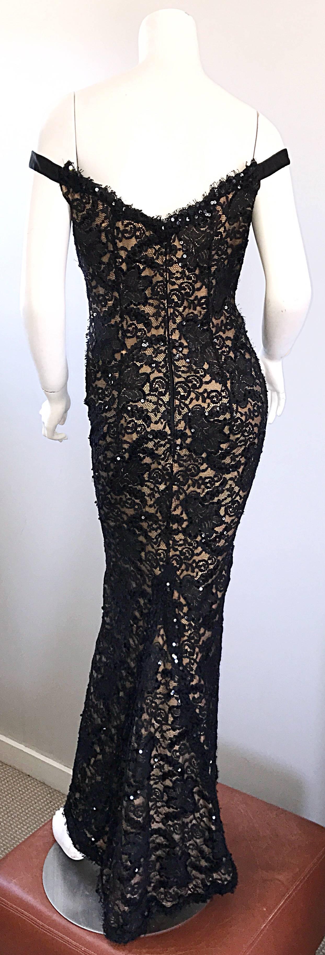 Vintage Size 8 Bob Mackie Black Lace Sequin 1990s 90s Evening Off Shoulder Gown  3