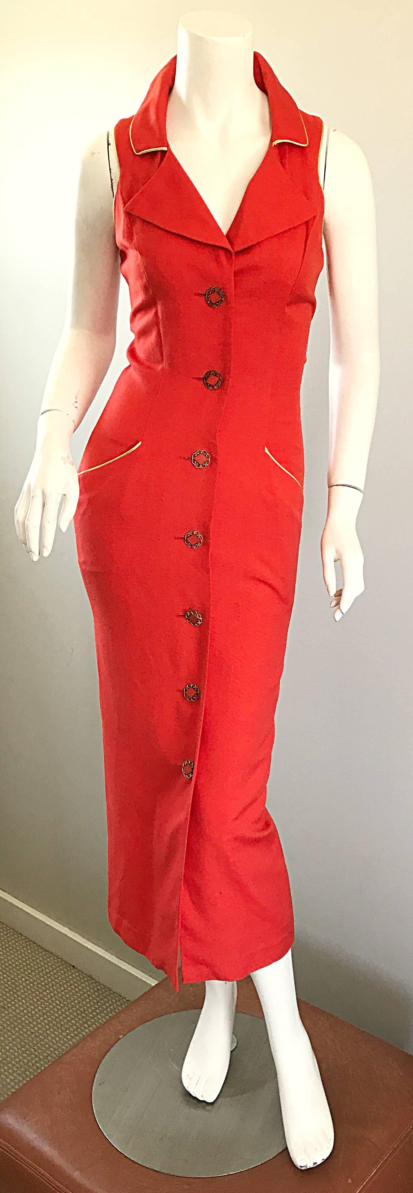 Chic Italian vintage FIORENCI burnt orange and gold 90s does 50s vintage wiggle dress! Soft cotton and linen blend. Chic beaded buttons up the front. Pockets at each side of the hips. Wonderful flattering fit in a beautiful vibrant orange color.
