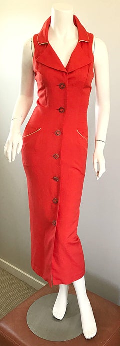 Fiorencci 1990s Does 1950s Burnt Orange + Gold Cotton Linen Vintage Wiggle Dress