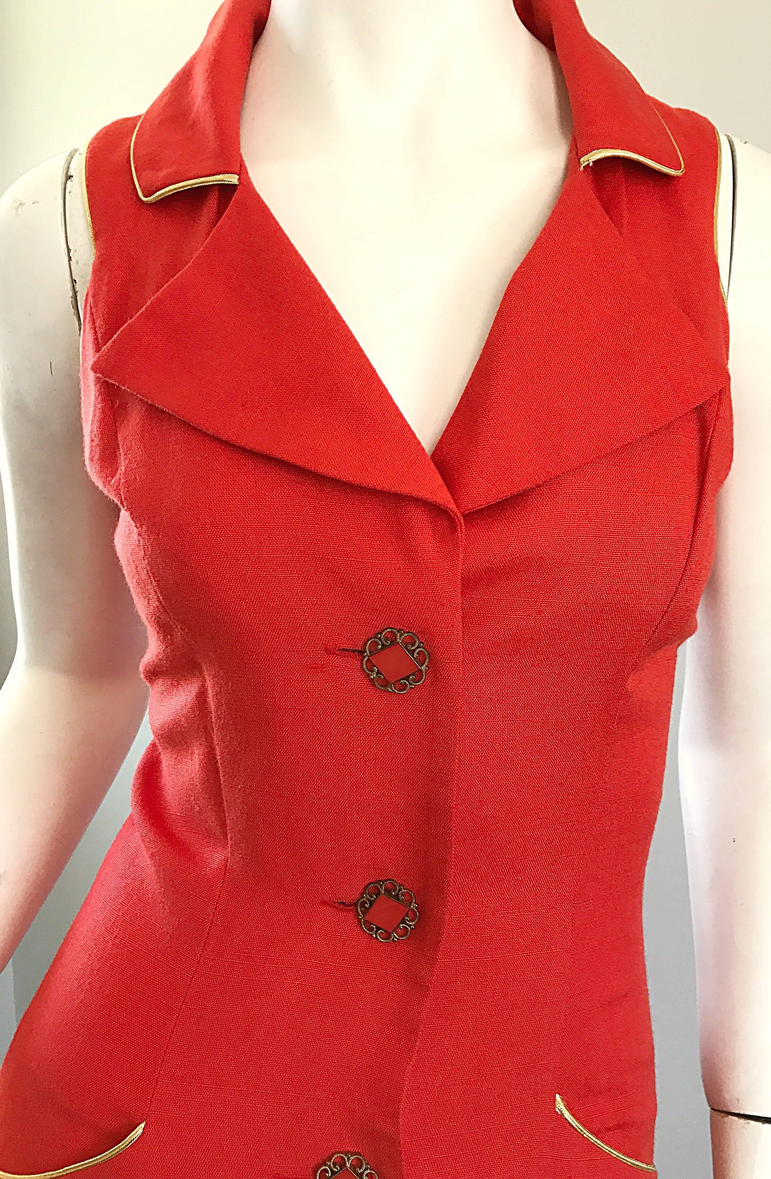 Red Fiorencci 1990s Does 1950s Burnt Orange + Gold Cotton Linen Vintage Wiggle Dress