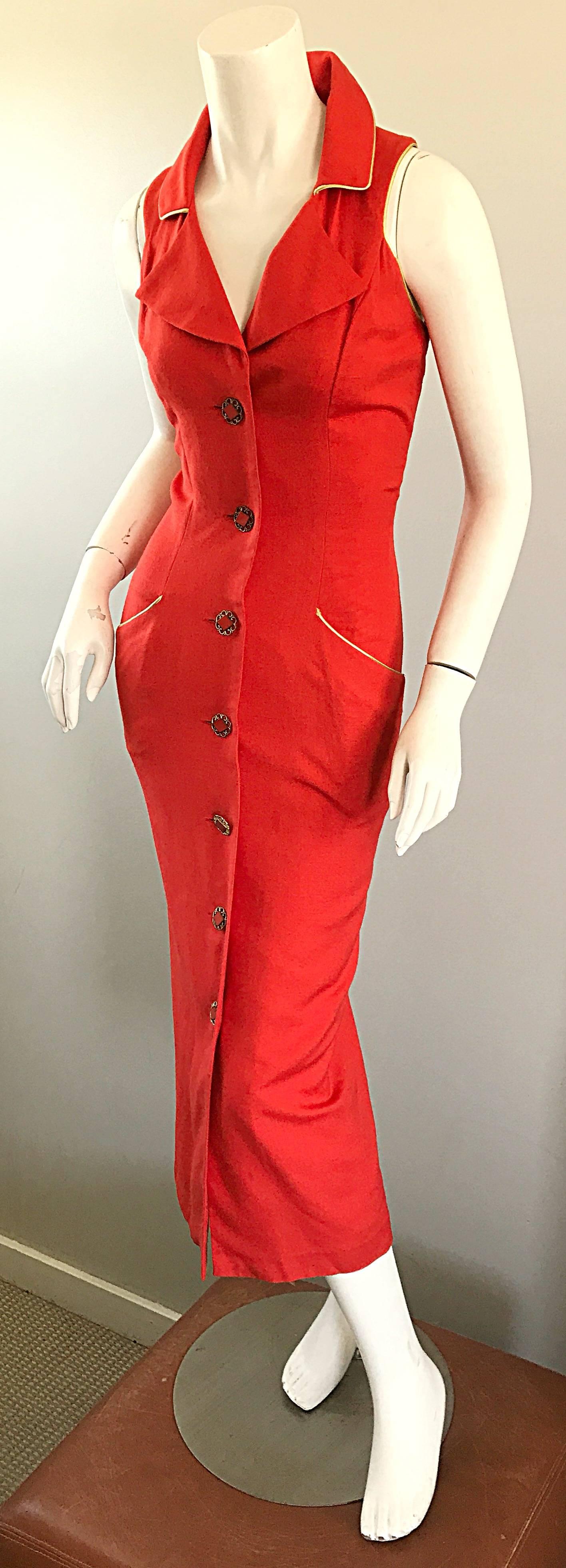Fiorencci 1990s Does 1950s Burnt Orange + Gold Cotton Linen Vintage Wiggle Dress In Excellent Condition In San Diego, CA
