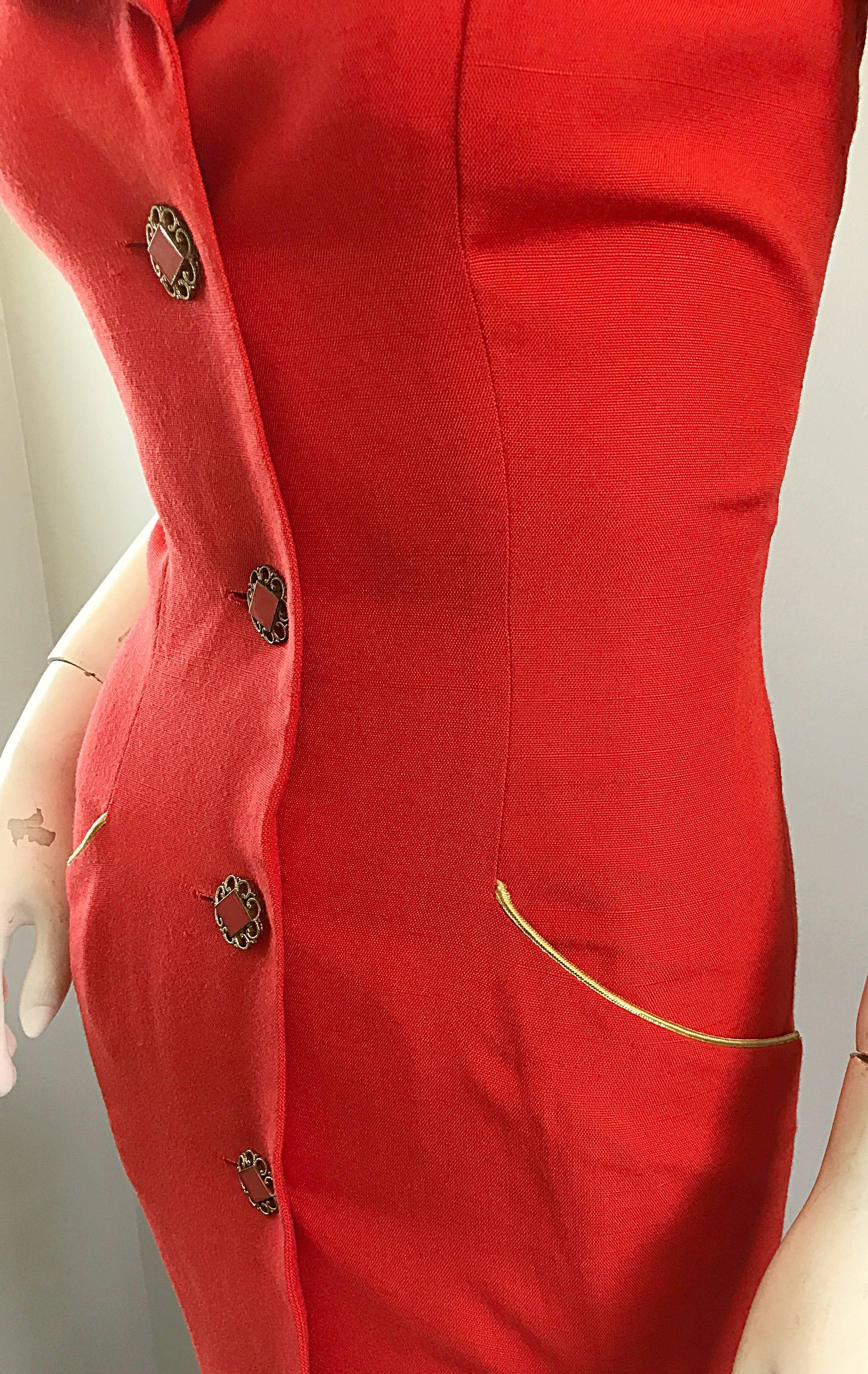 Fiorencci 1990s Does 1950s Burnt Orange + Gold Cotton Linen Vintage Wiggle Dress 1