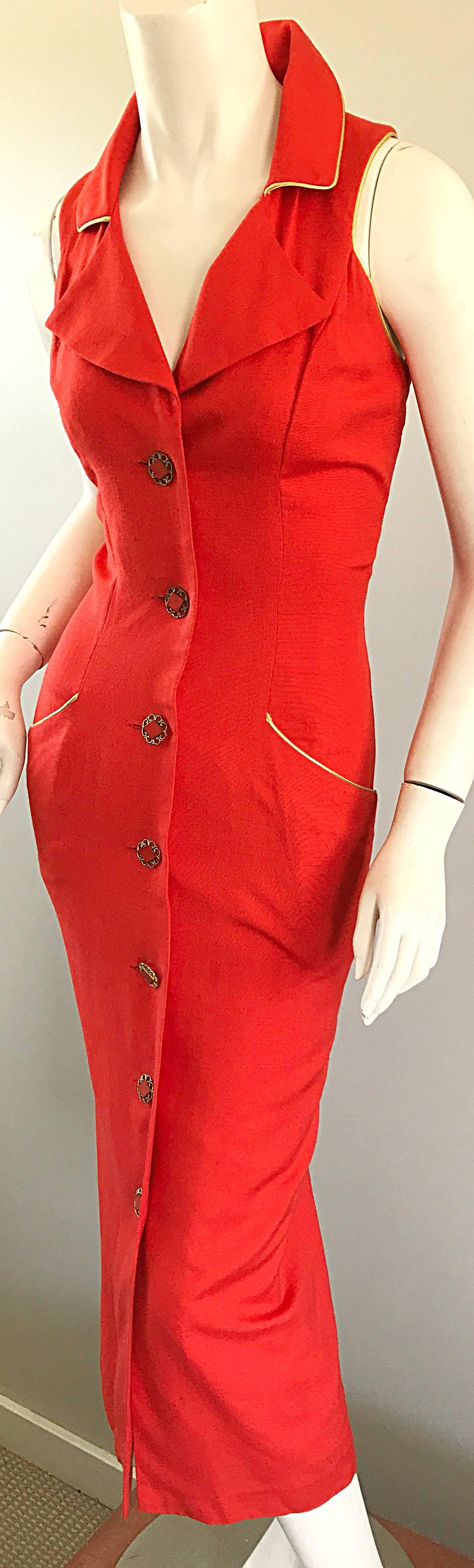 Fiorencci 1990s Does 1950s Burnt Orange + Gold Cotton Linen Vintage Wiggle Dress 2