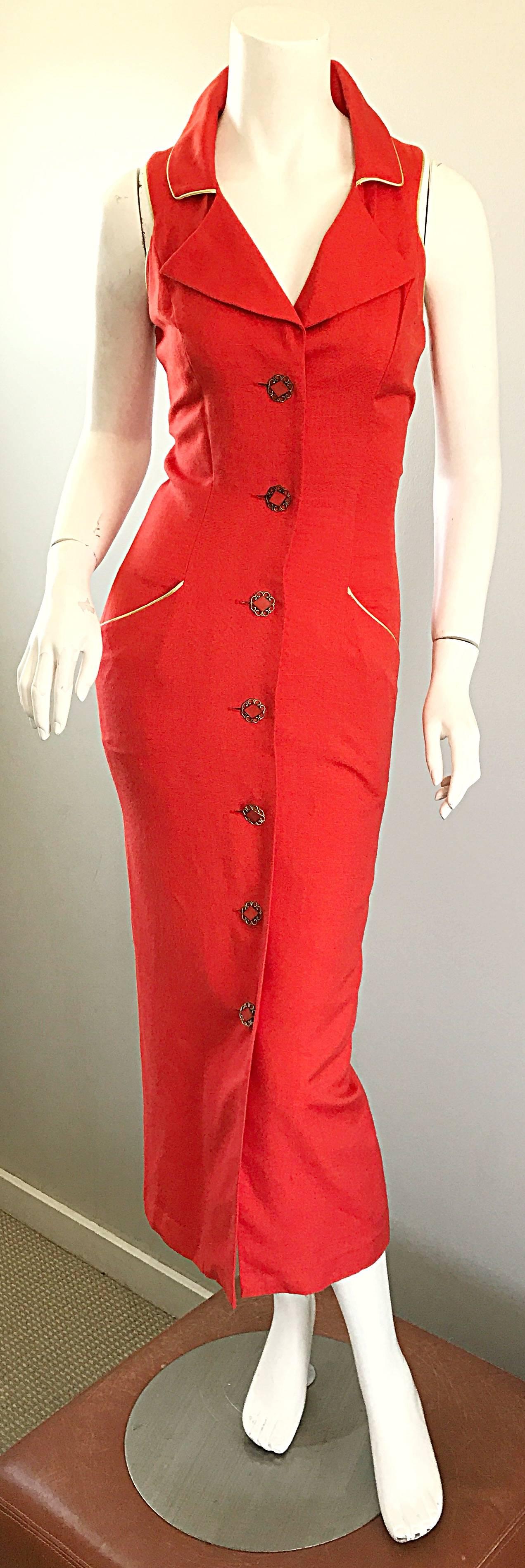 Fiorencci 1990s Does 1950s Burnt Orange + Gold Cotton Linen Vintage Wiggle Dress 4