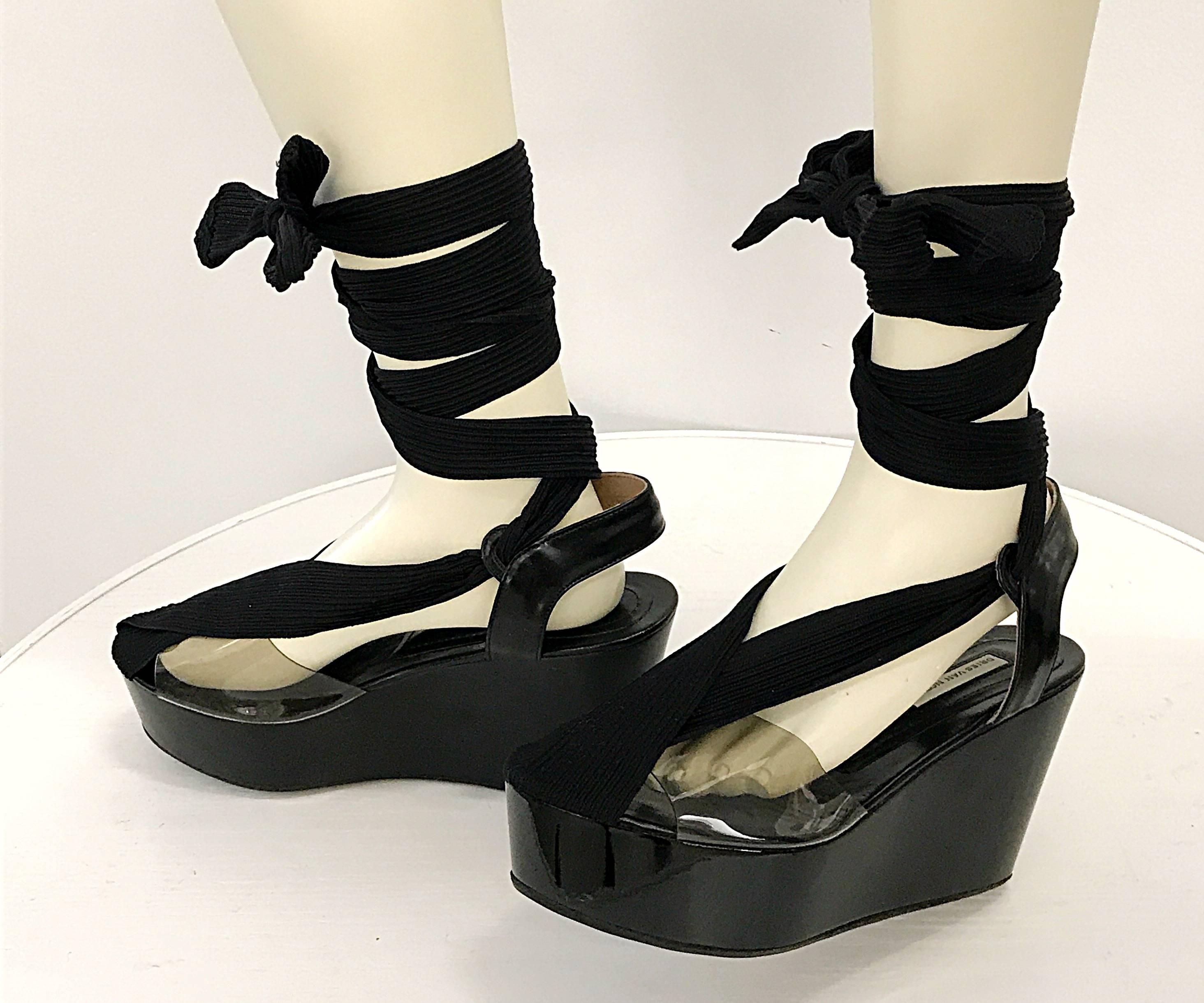 Women's Brand New Dries Van Noten Sold Out Size 35 Black Patent Lace Up Wedges Shoes For Sale