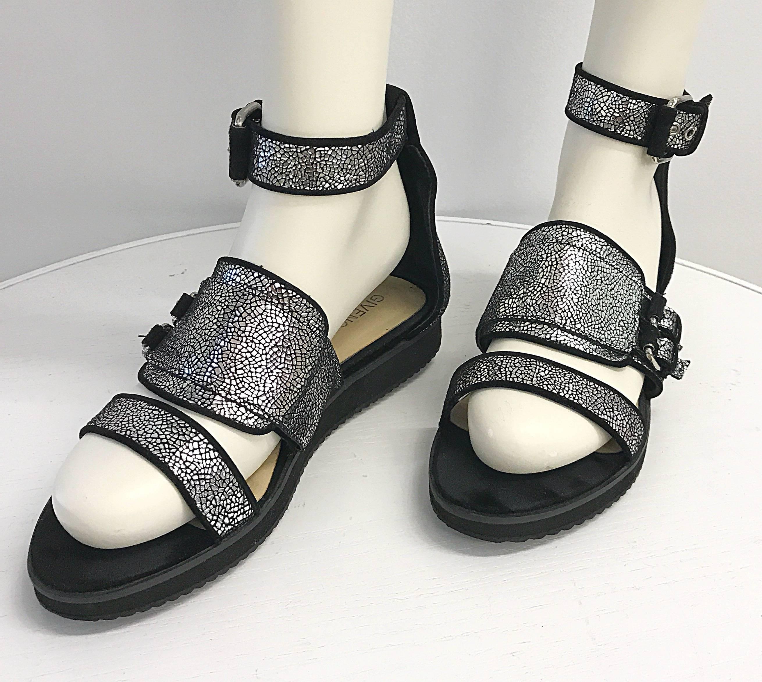 Chic brand new GIVENCHY, by RICARDO TISCI black and silver metallic leather ankle strap sandals! Features distressed leather straps, and a ribbed rubber sole. Adjustable buckle straps. Extra special, as they come from Tisci's last season as head