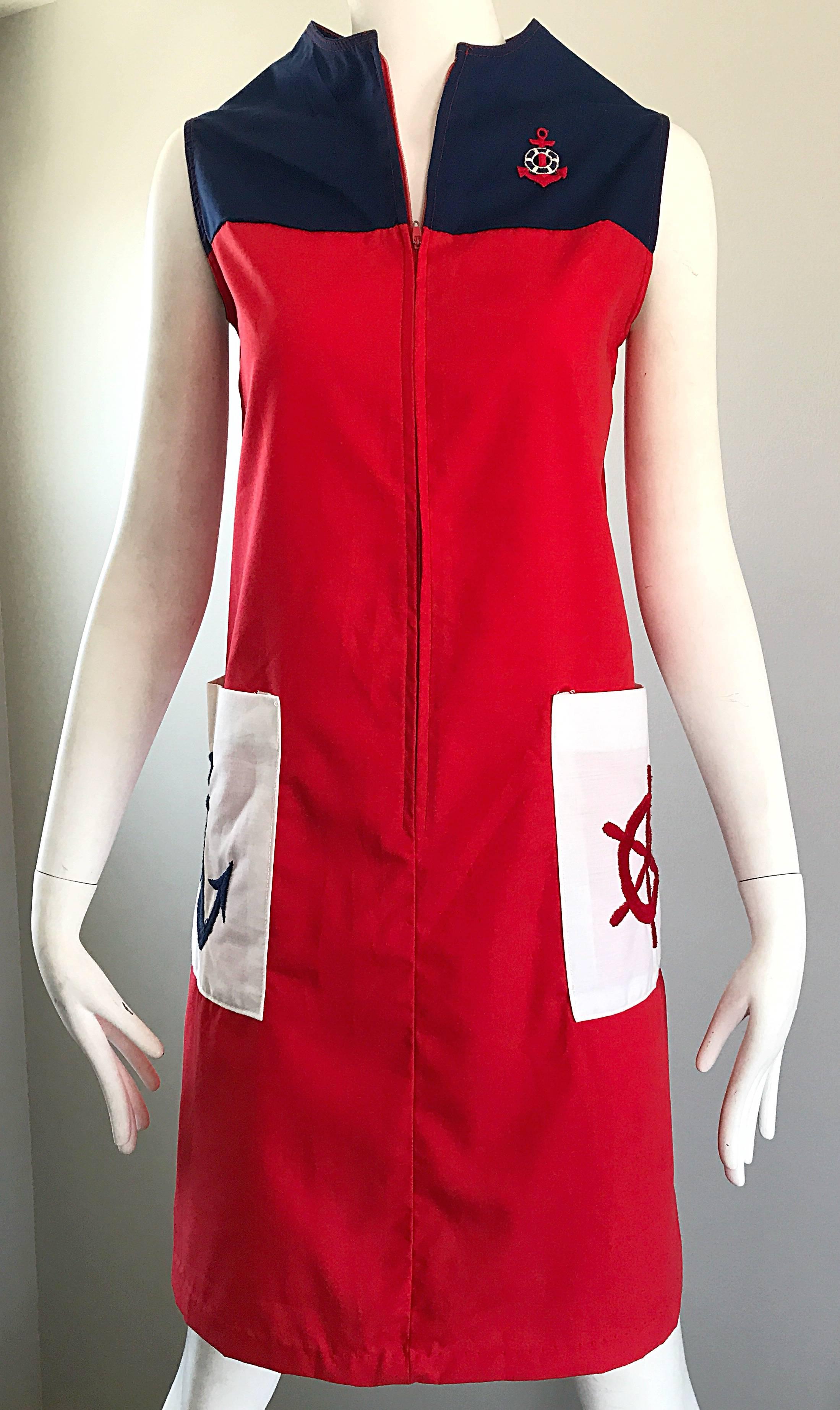 Women's Chic 1960s Red, White and Navy Blue Nautical Sailor Vintage 60s A Line Dress 