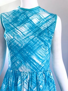 1950s Turquoise Blue and White Diagonal Plaid Cotton + Rayon Fit n Flare Dress