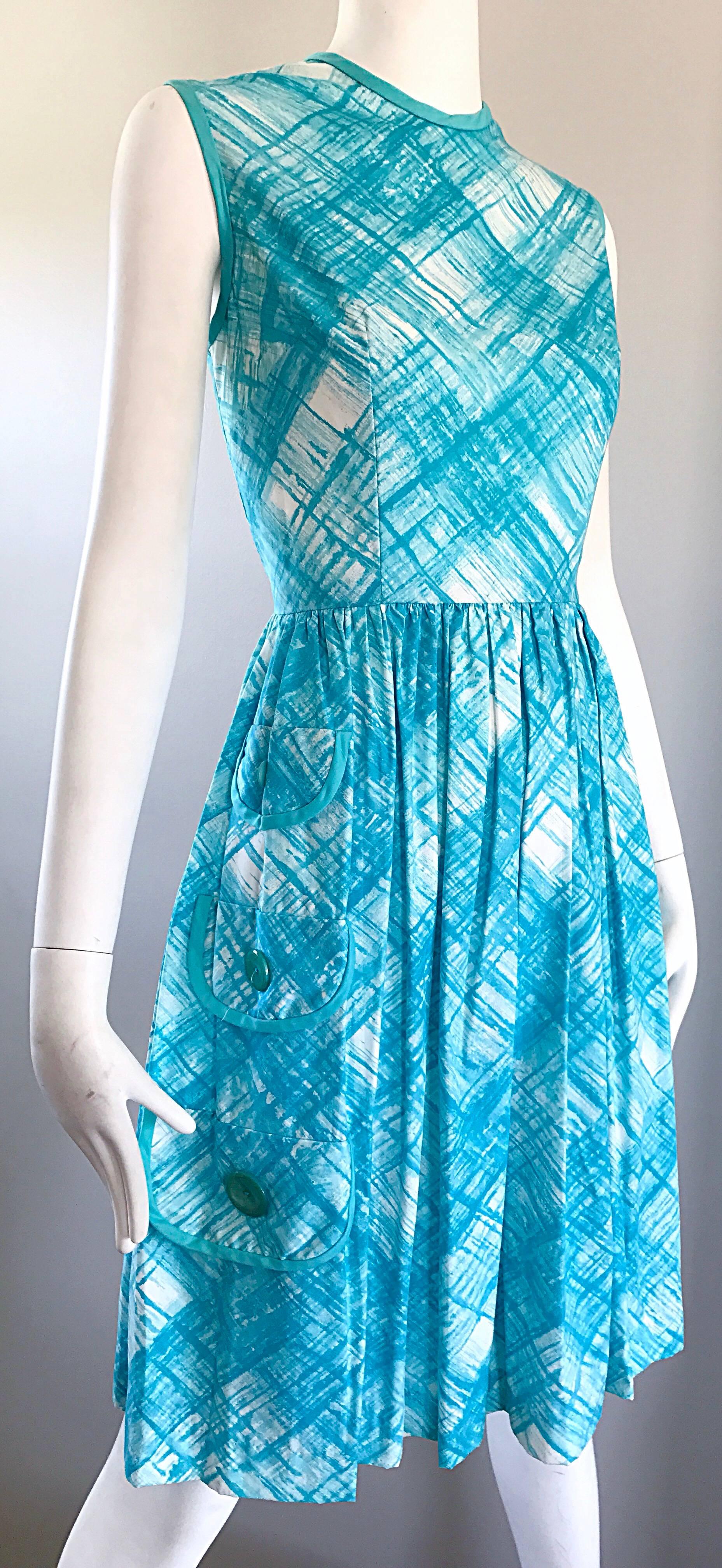 1950er Türkisblaues und weißes, diagonal kariertes Kleid aus Baumwolle + Rayon Fit n Flare aus den 1950er Jahren im Zustand „Hervorragend“ im Angebot in San Diego, CA