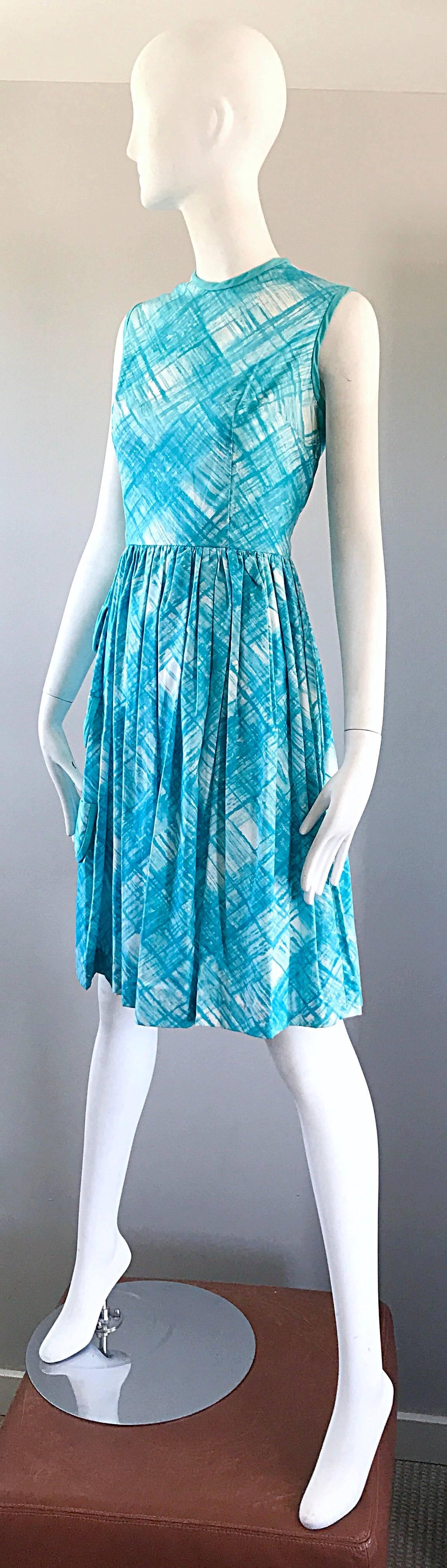 Women's 1950s Turquoise Blue and White Diagonal Plaid Cotton + Rayon Fit n Flare Dress For Sale