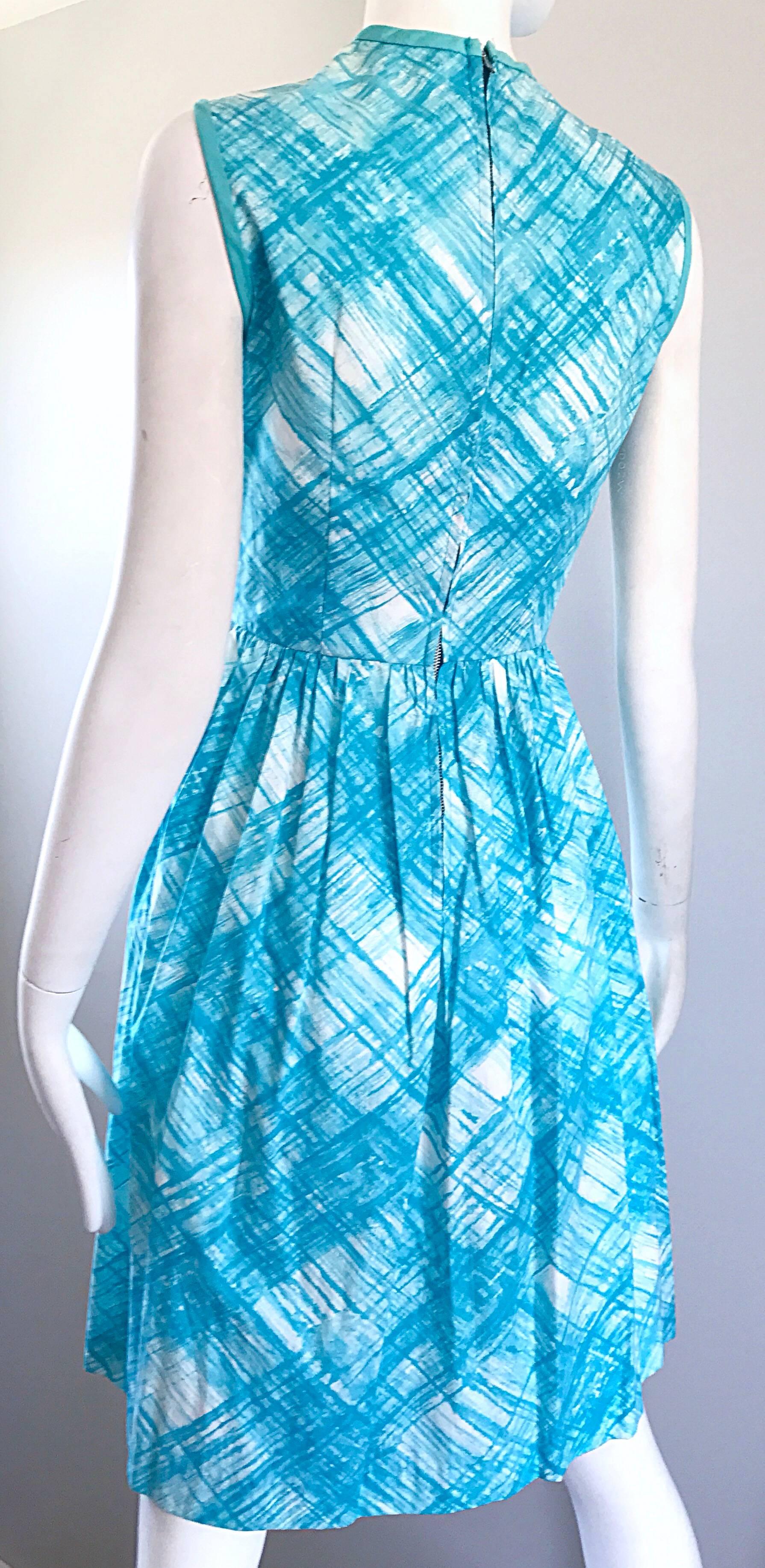 1950s Turquoise Blue and White Diagonal Plaid Cotton + Rayon Fit n Flare Dress For Sale 1