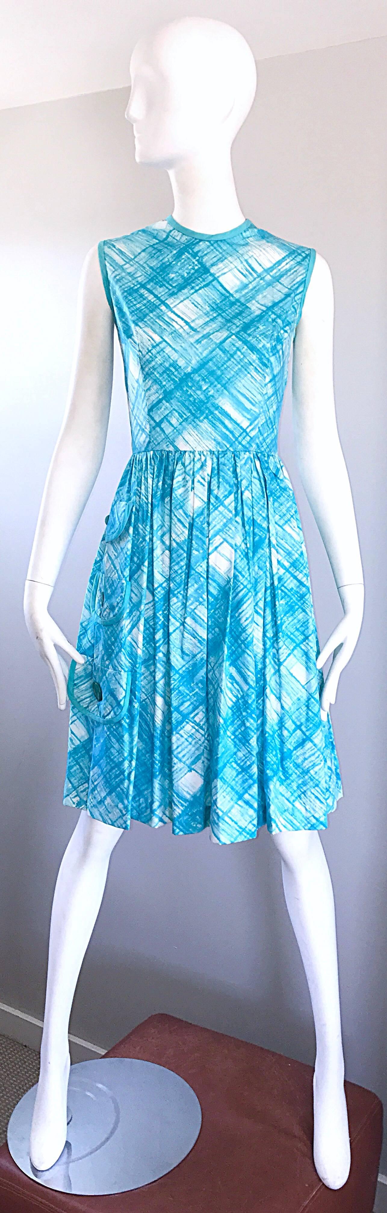 1950s Turquoise Blue and White Diagonal Plaid Cotton + Rayon Fit n Flare Dress For Sale 3