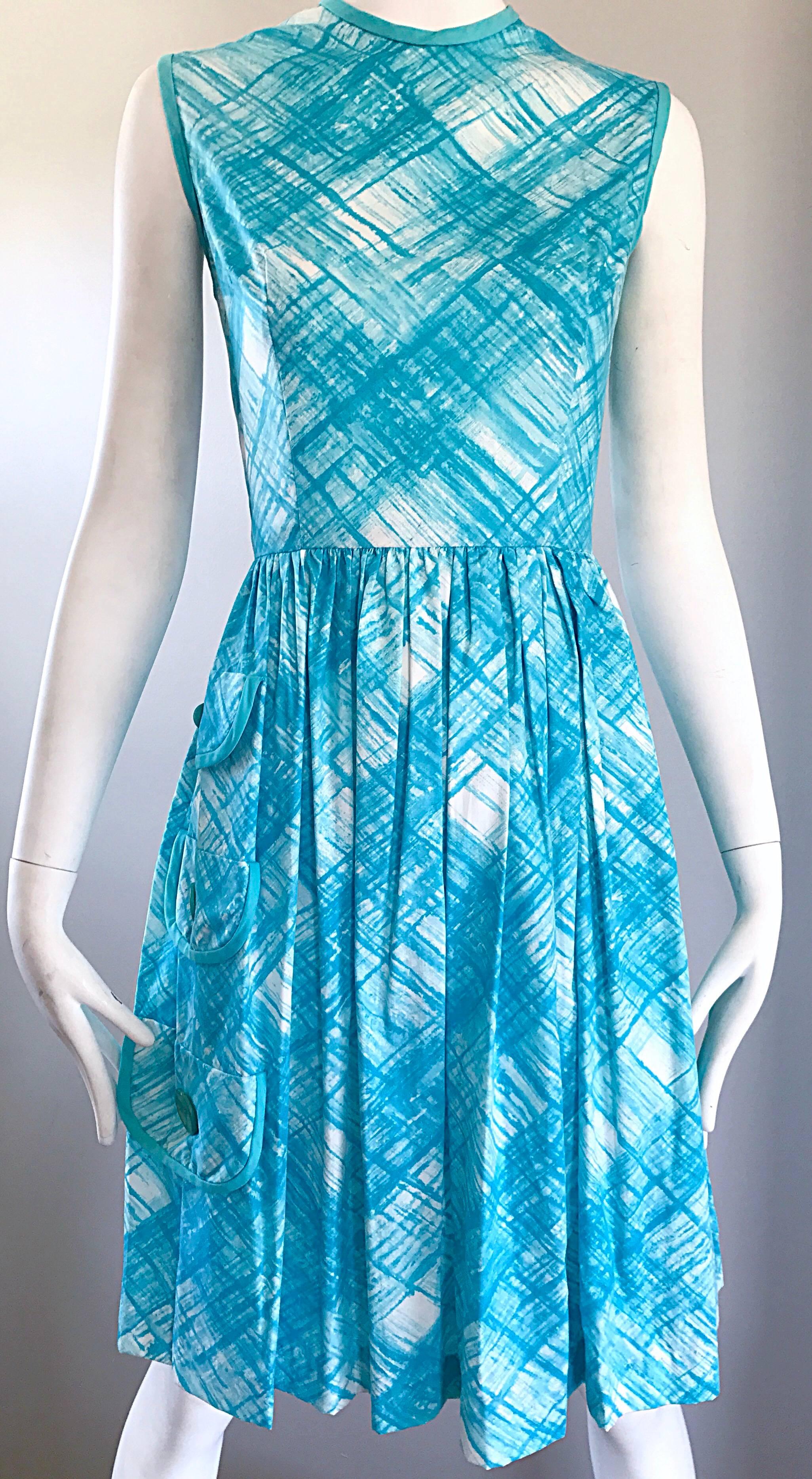 1950s Turquoise Blue and White Diagonal Plaid Cotton + Rayon Fit n Flare Dress In Excellent Condition For Sale In San Diego, CA