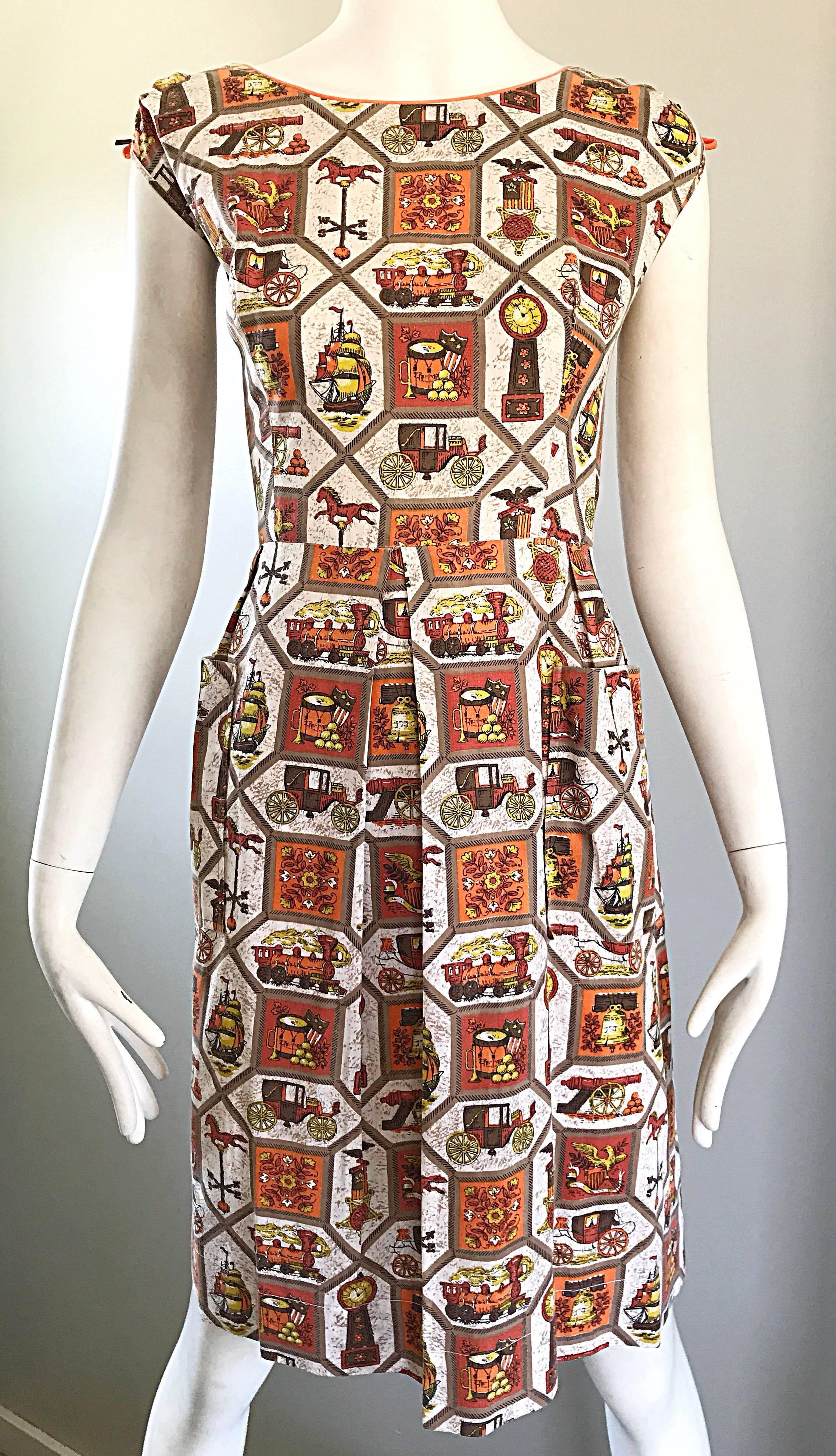 Brown Rare 1950s Larger Plus Size Train + Horse + Carriage Novelty Print Vintage Dress For Sale
