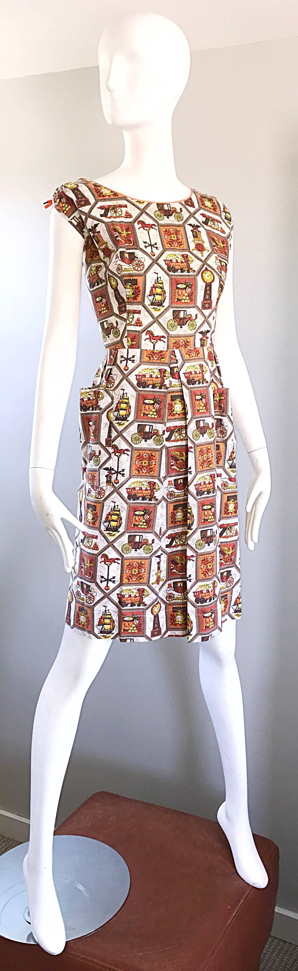 Rare 1950s Larger Plus Size Train + Horse + Carriage Novelty Print Vintage Dress In Excellent Condition For Sale In San Diego, CA