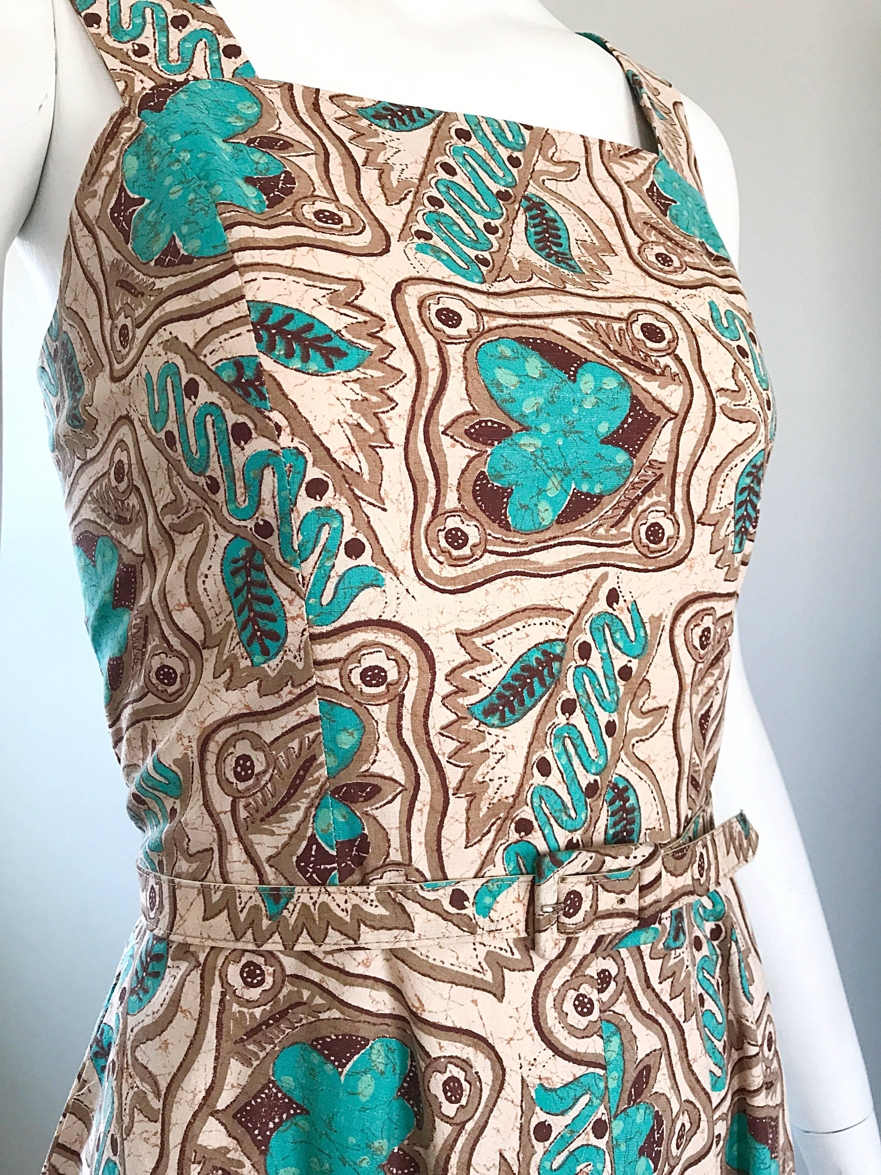 Blue Wonderful 1950s Batik Print Teal & Brown Fit and Flare Belted Vintage 50s Dress