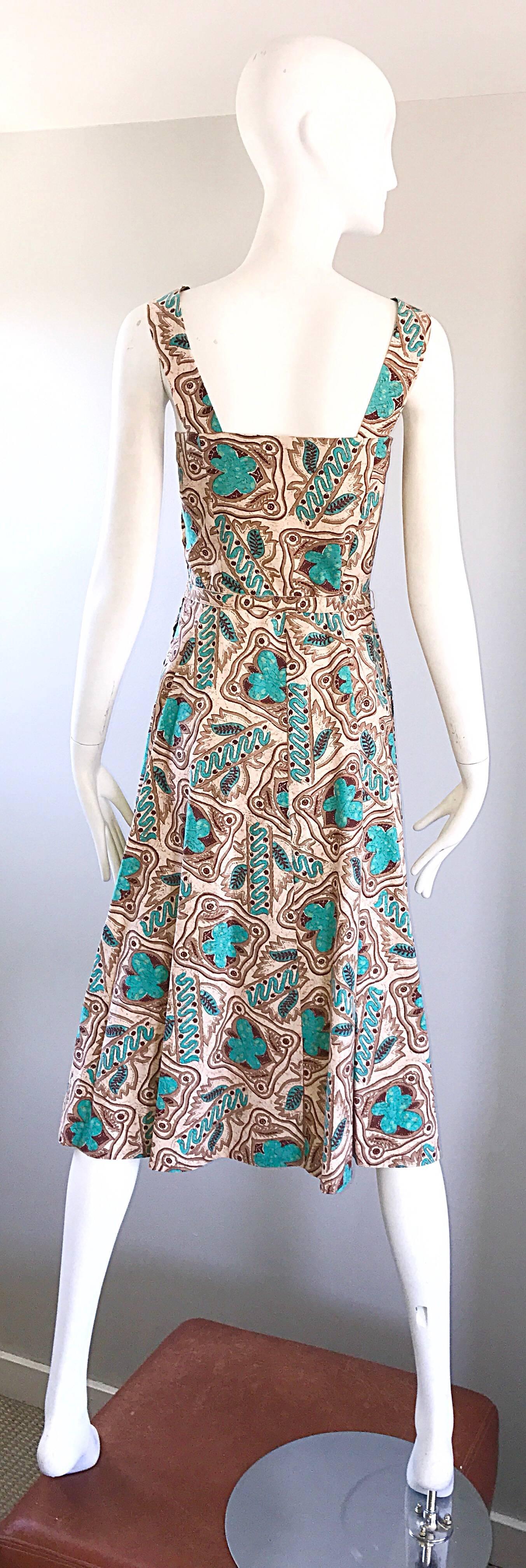 Wonderful 1950s Batik Print Teal & Brown Fit and Flare Belted Vintage 50s Dress In Excellent Condition In San Diego, CA