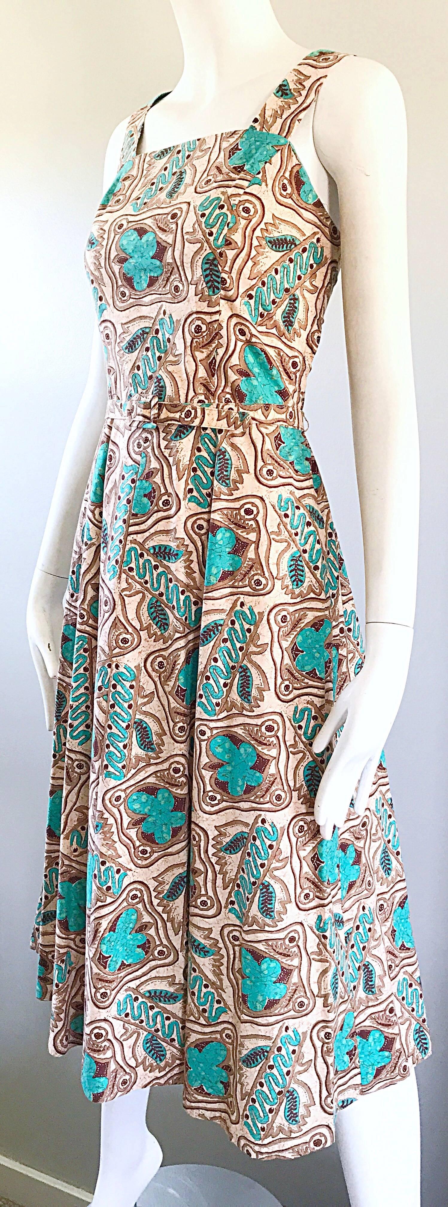 Women's Wonderful 1950s Batik Print Teal & Brown Fit and Flare Belted Vintage 50s Dress