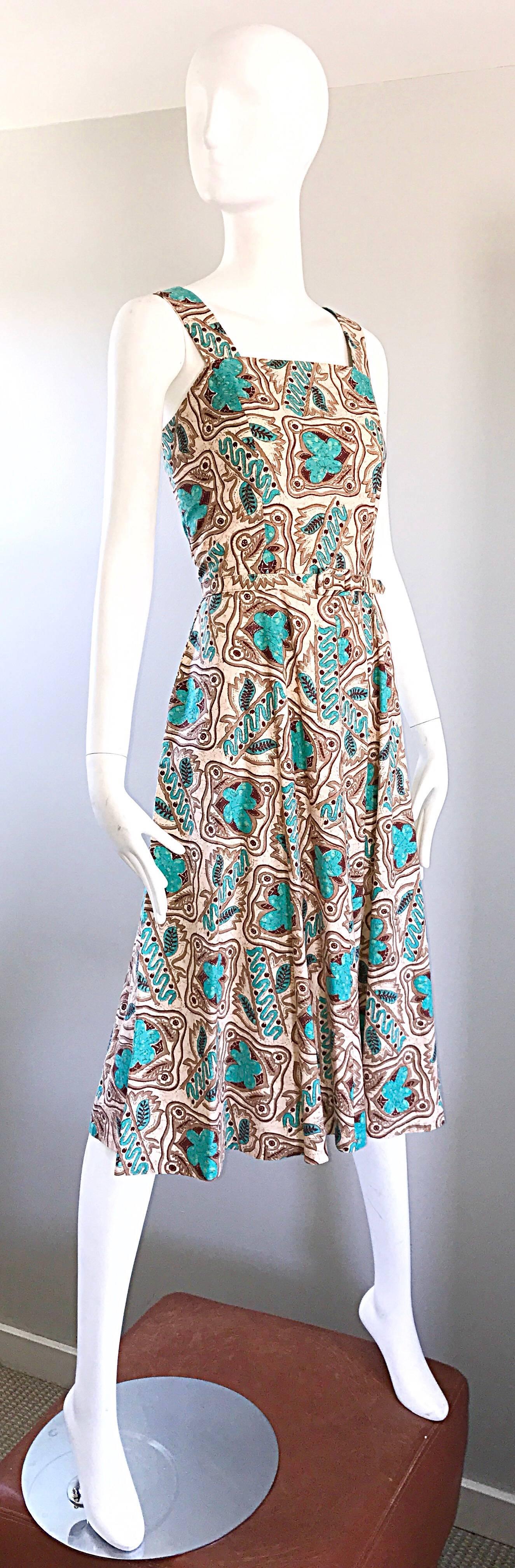 Wonderful 1950s Batik Print Teal & Brown Fit and Flare Belted Vintage 50s Dress 3