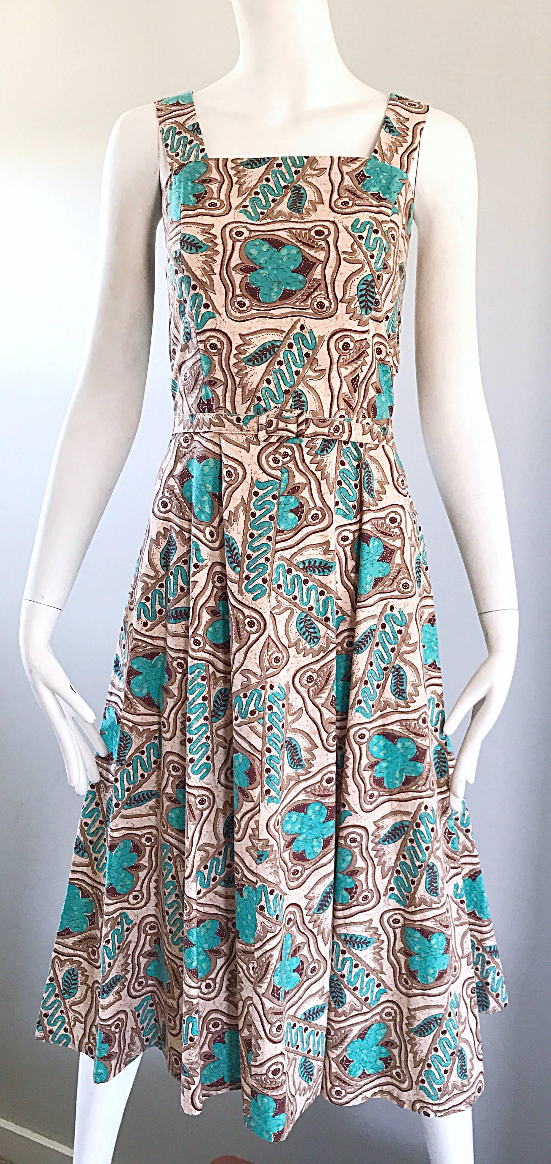 Wonderful 1950s Batik Print Teal & Brown Fit and Flare Belted Vintage 50s Dress 2