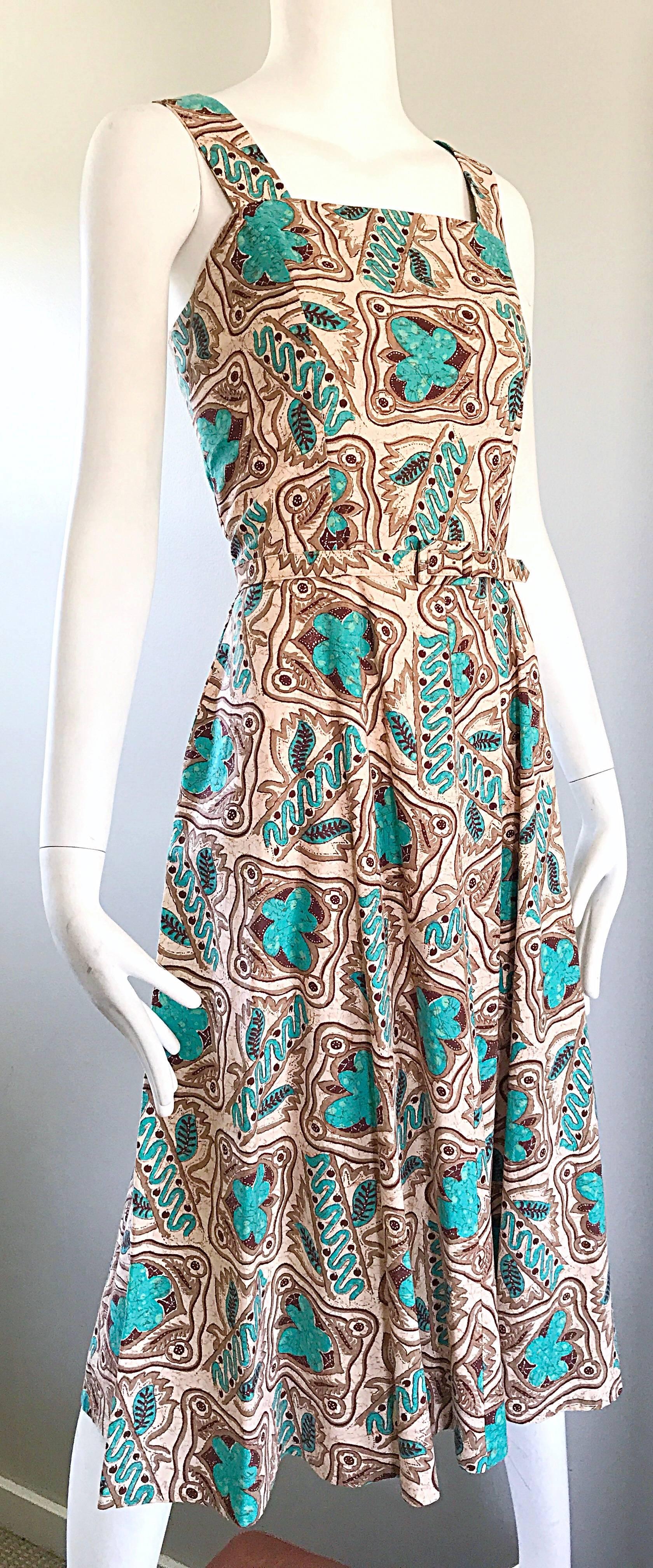 Wonderful 1950s Batik Print Teal & Brown Fit and Flare Belted Vintage 50s Dress 1