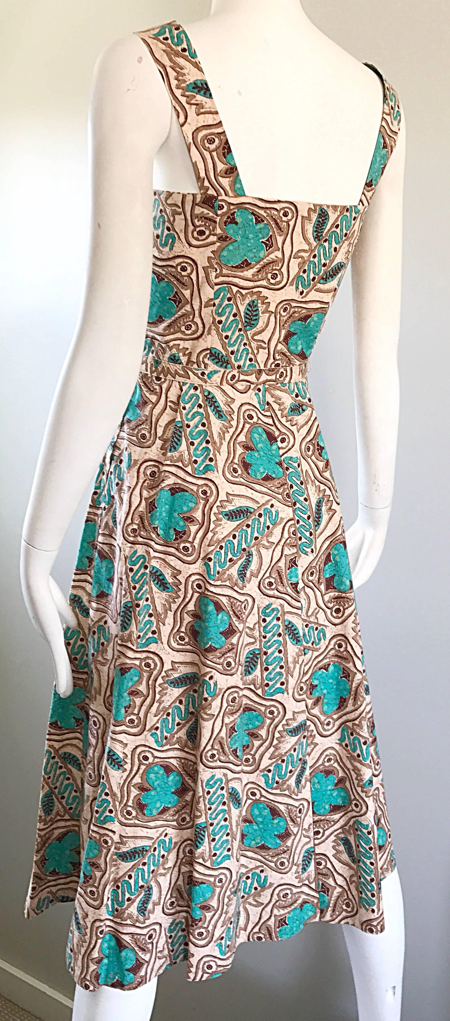 Wonderful 1950s Batik Print Teal & Brown Fit and Flare Belted Vintage 50s Dress 4