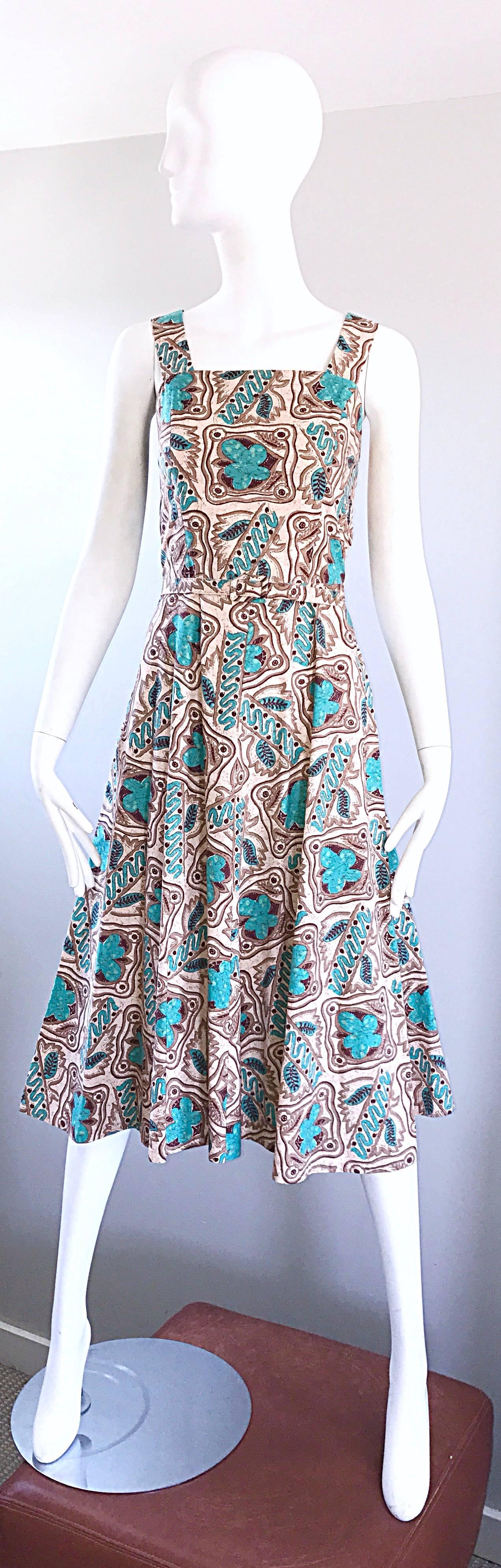 Wonderful 1950s Batik Print Teal & Brown Fit and Flare Belted Vintage 50s Dress 5