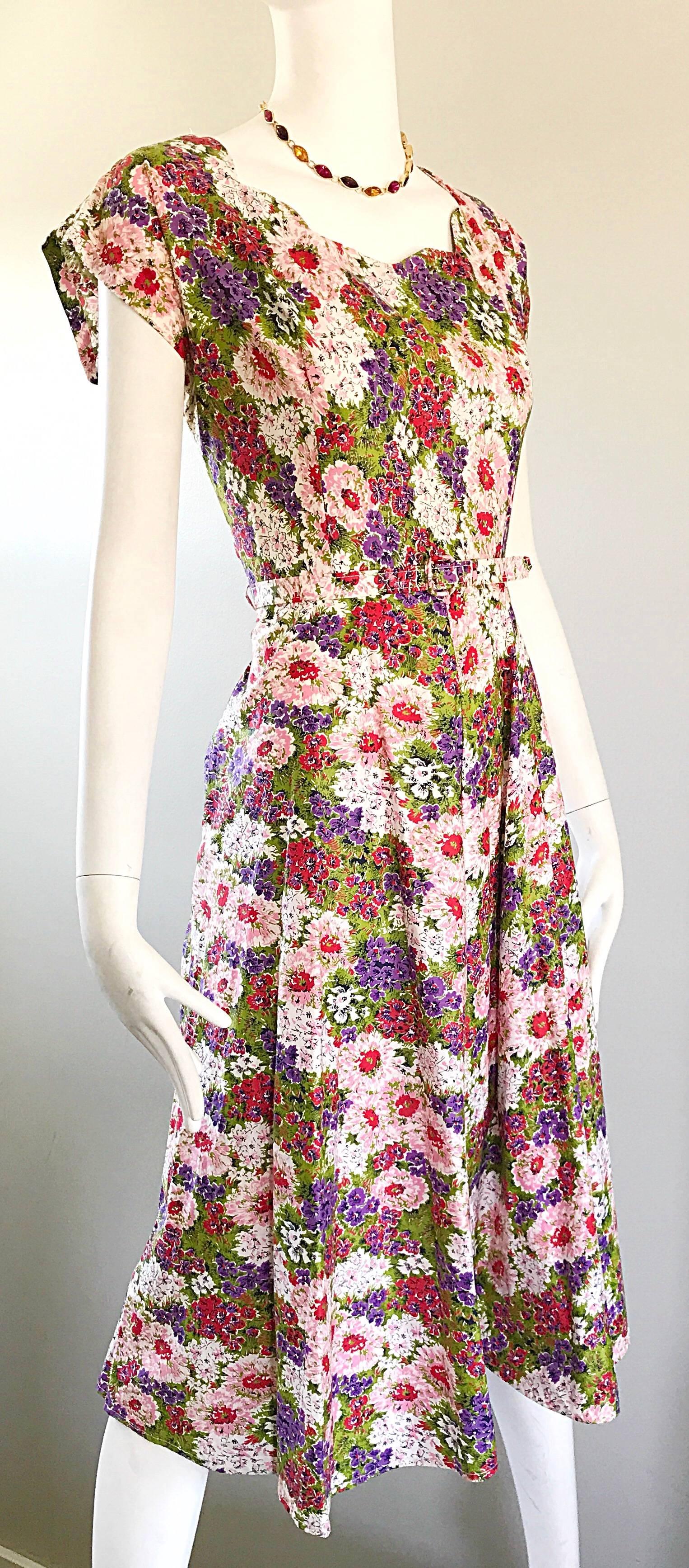 Gorgeous 1950s Larger Size Rhinestone Encrusted Flower Belted Vintage 50s Dress In Excellent Condition In San Diego, CA