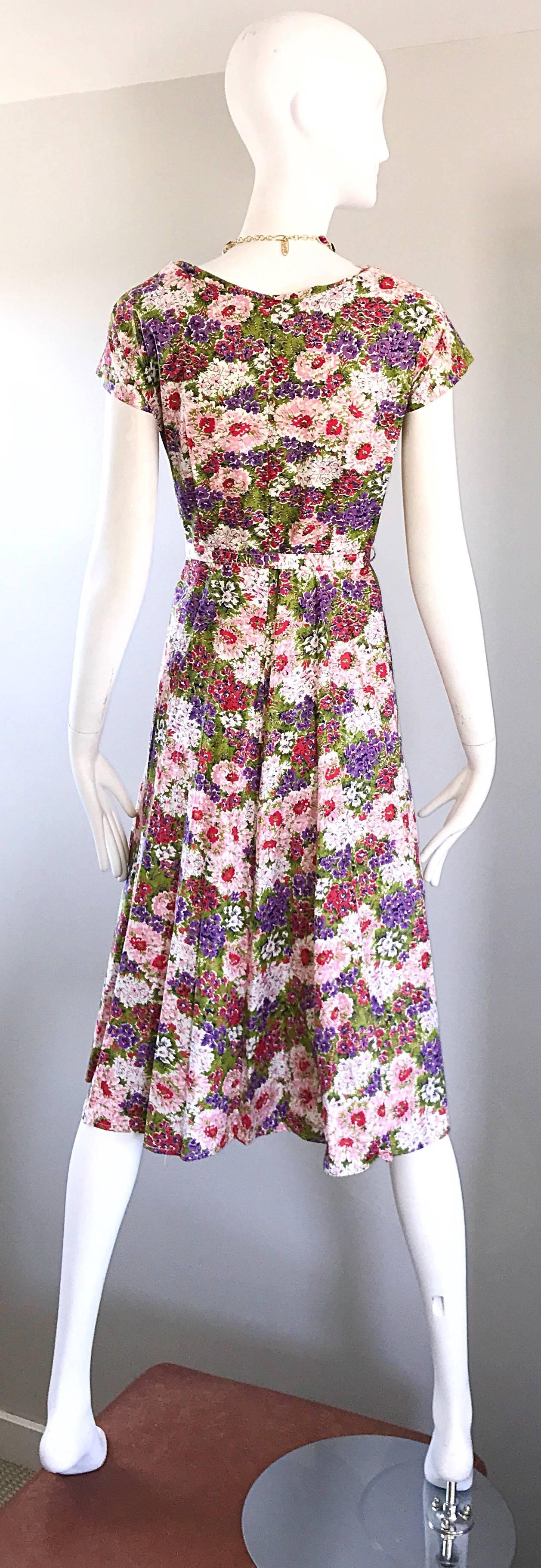 Women's Gorgeous 1950s Larger Size Rhinestone Encrusted Flower Belted Vintage 50s Dress