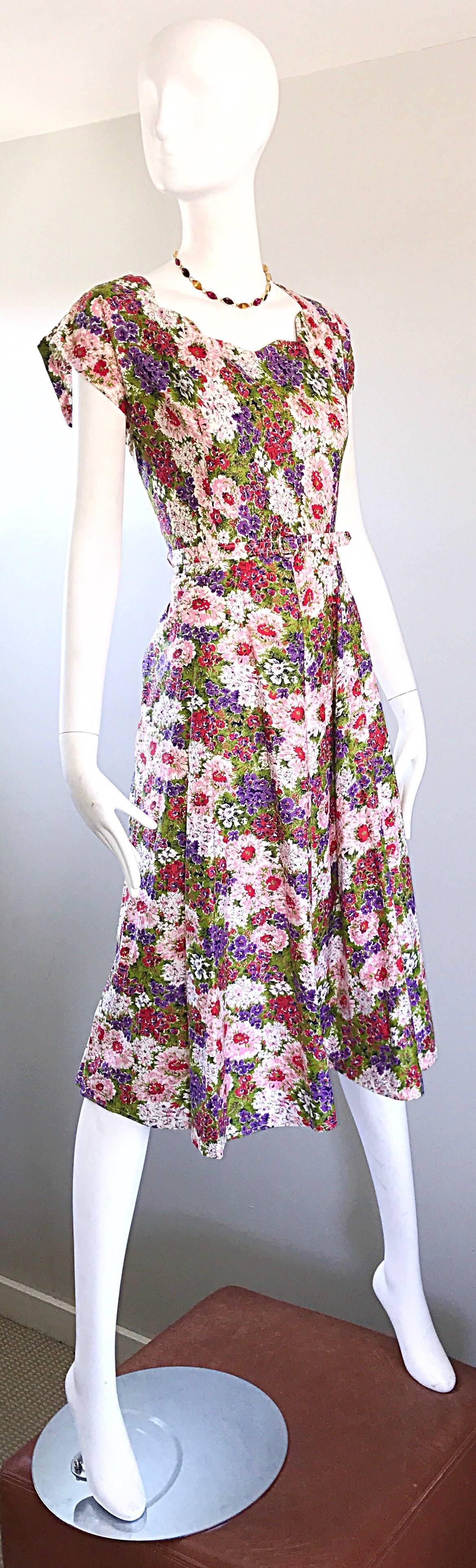 Gorgeous 1950s Larger Size Rhinestone Encrusted Flower Belted Vintage 50s Dress 3