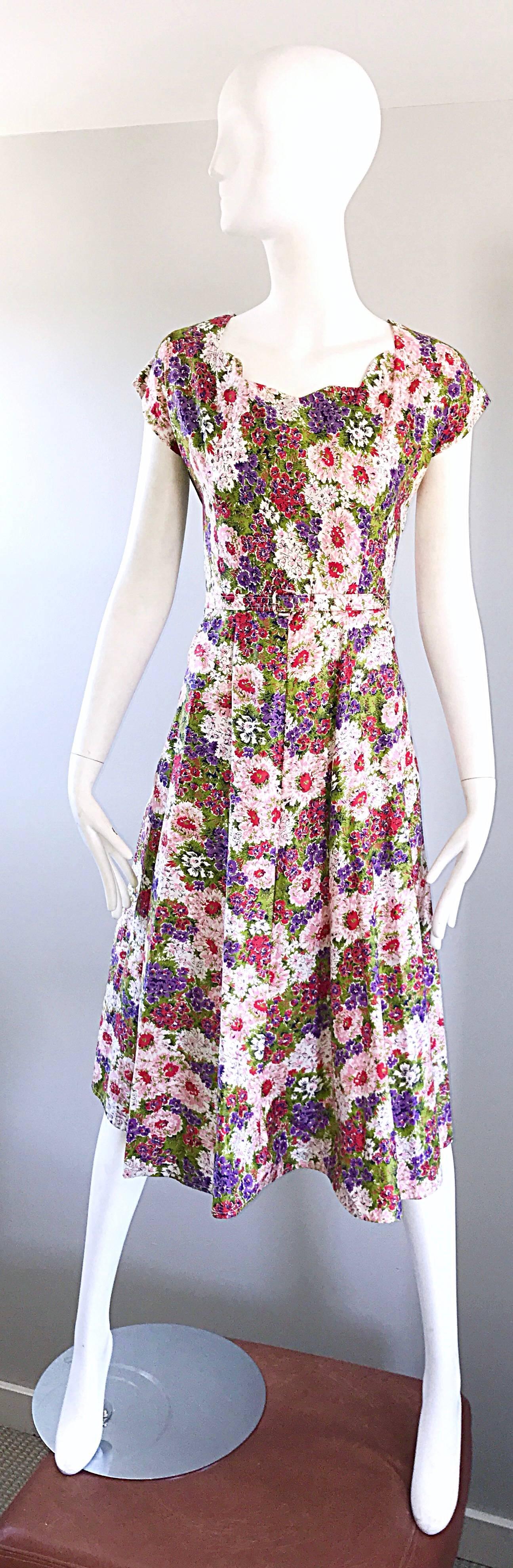 Gorgeous 1950s Larger Size Rhinestone Encrusted Flower Belted Vintage 50s Dress 5