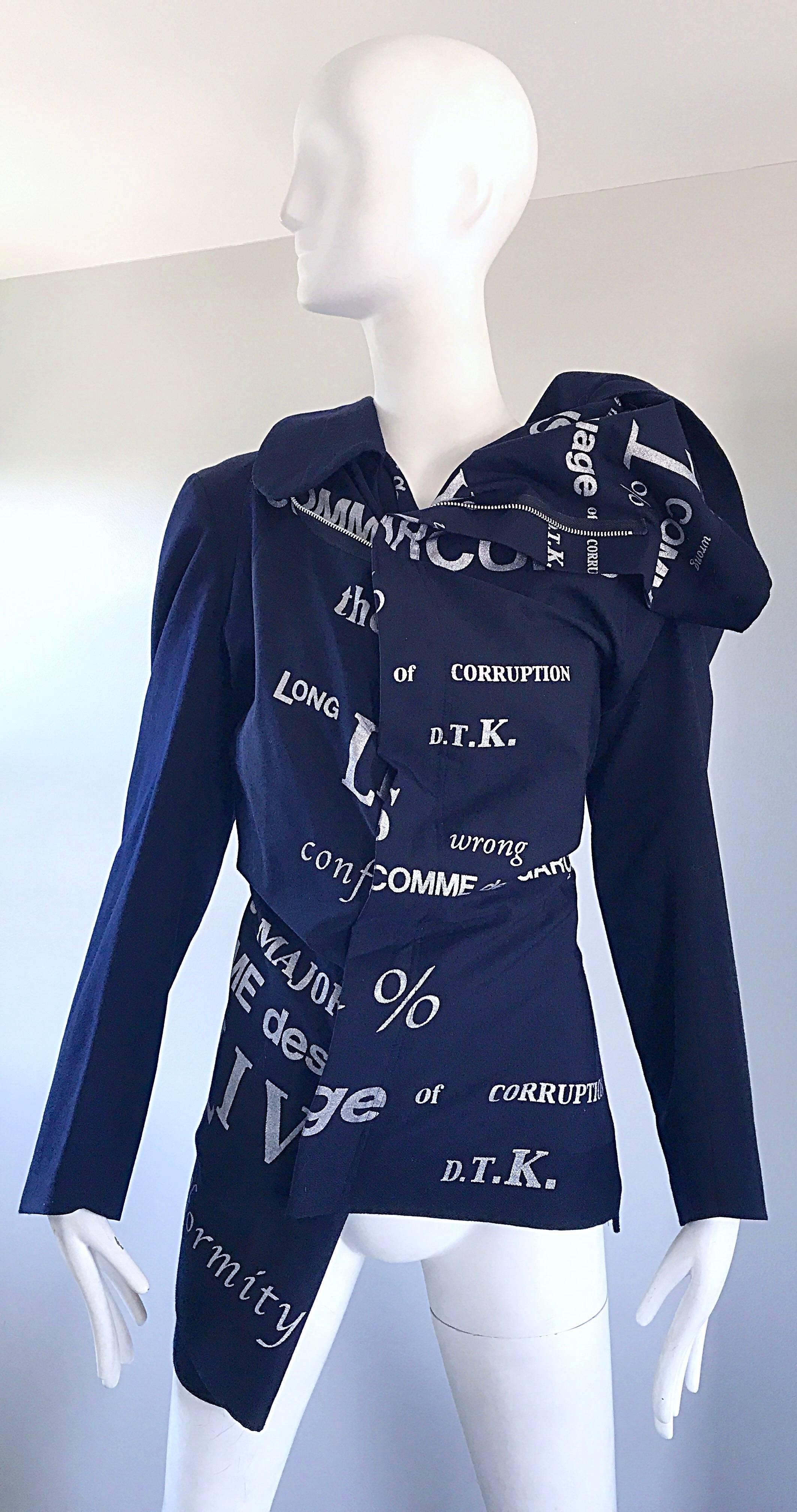Amazing and super rare COMME DES GARCONS Fall '03 Runway navy blue and silver metallic graffiti 'Conformity + Corruption' asymmetrical wool jacket! This is one of my favorite pieces Rei Kawakubo ever produced! I once had the pants, and they sold