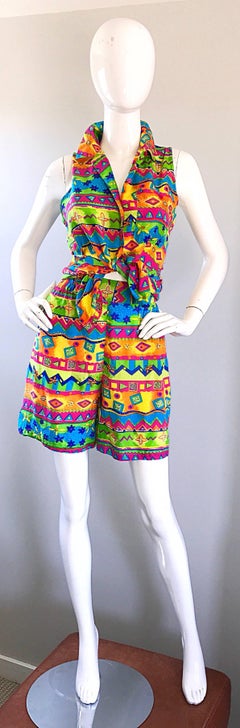 Amazing Vintage Oscar de la Renta Bright Color Silk Blouse and Shorts Ensemble