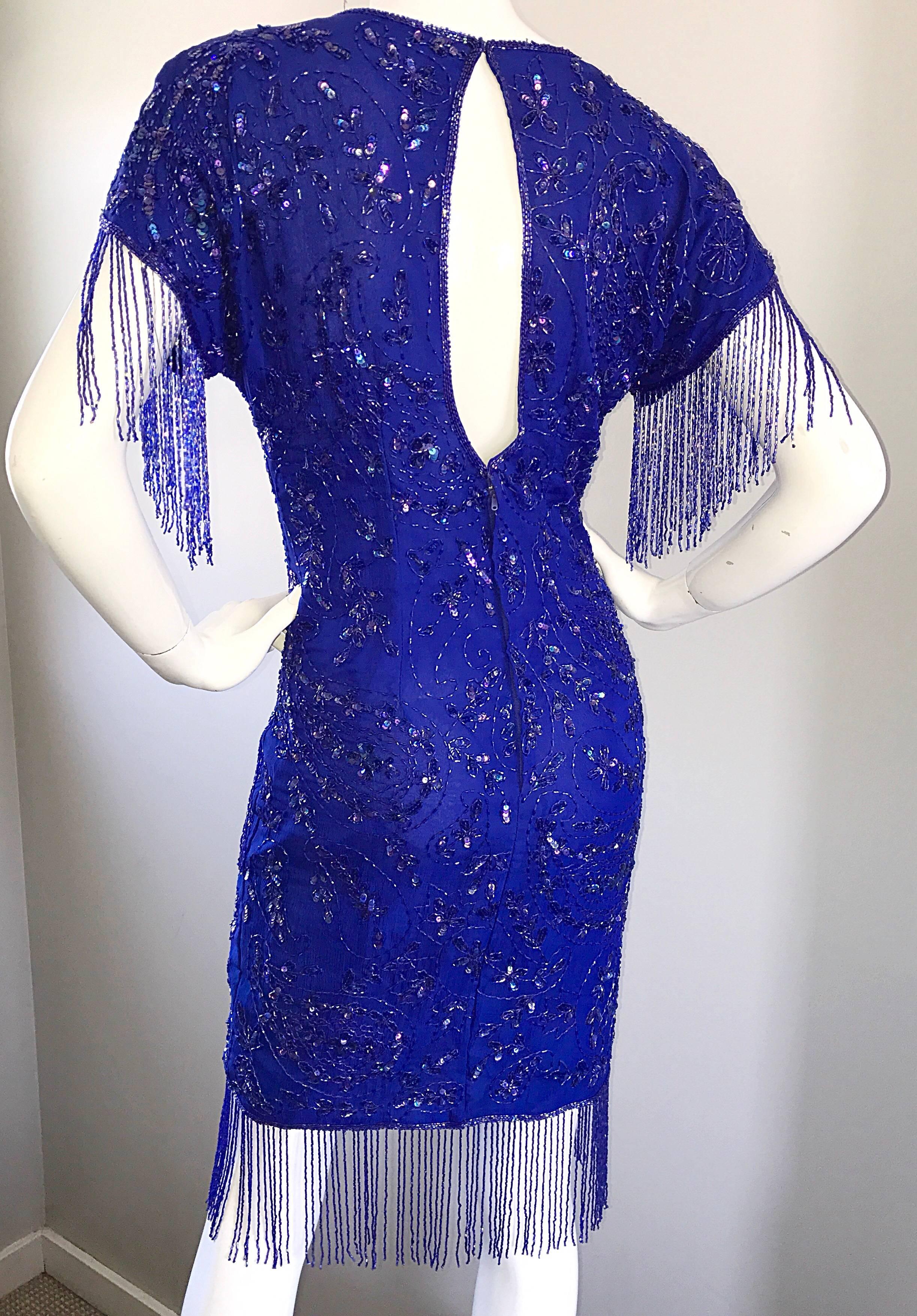 Unglaubliche 1990er Royal Blue Vintage Seide Perlen & Fransen Vintage Flapper Kleid Damen im Angebot