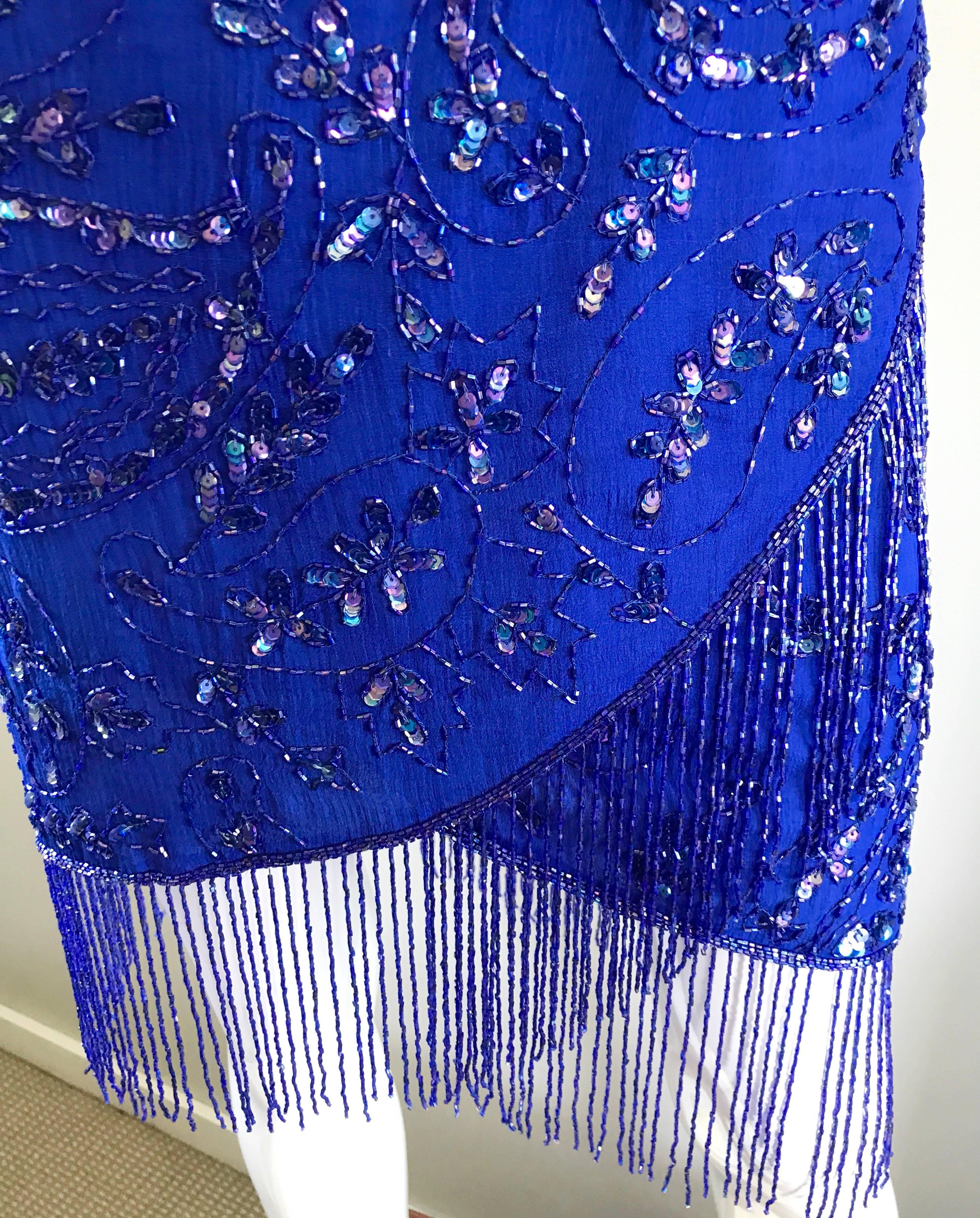 Incredible 1990s Royal Blue Vintage Silk Beaded & Fringe Vintage Flapper Dress In Excellent Condition For Sale In San Diego, CA