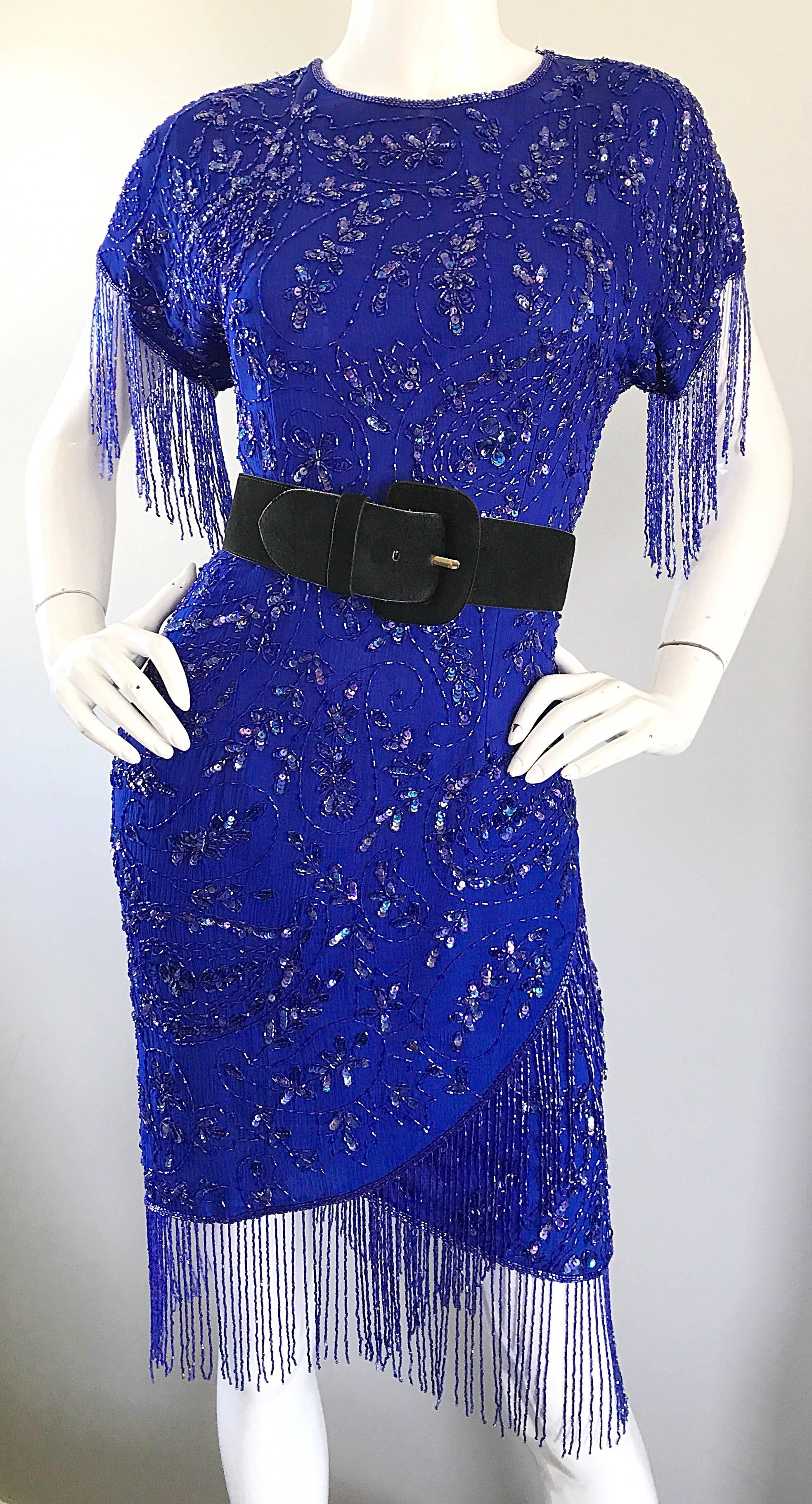 Women's Incredible 1990s Royal Blue Vintage Silk Beaded & Fringe Vintage Flapper Dress For Sale