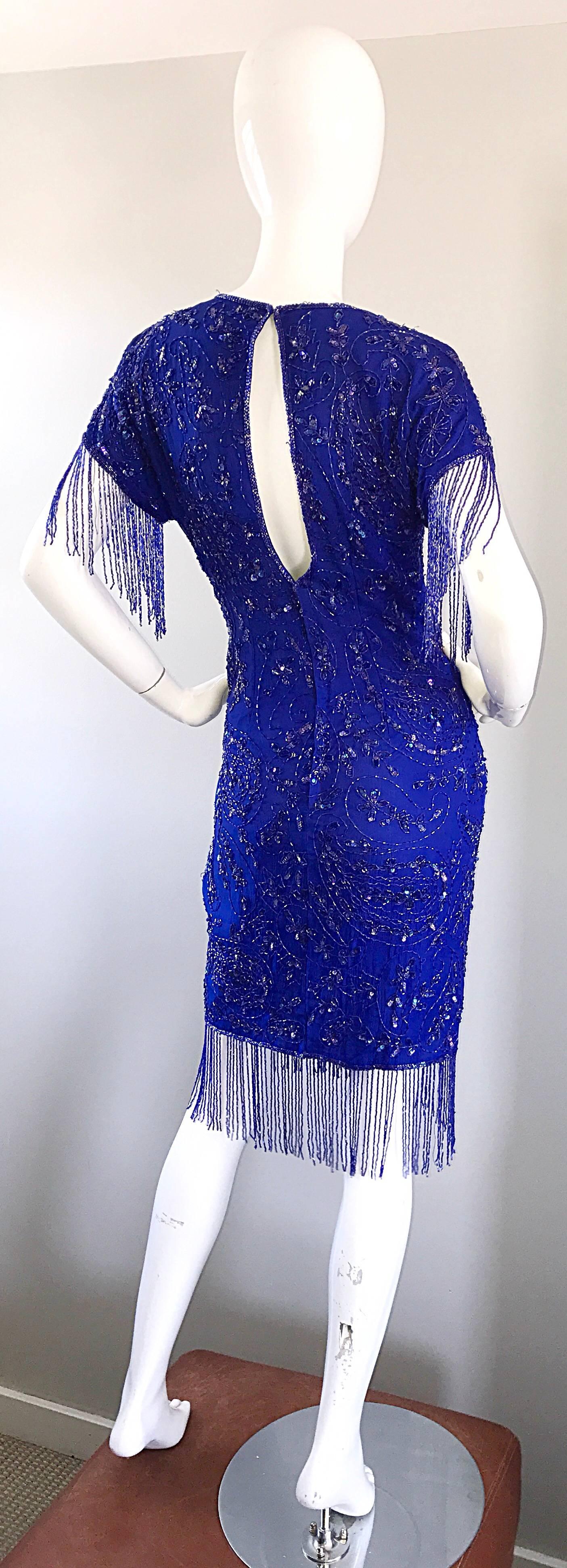Incredible 1990s Royal Blue Vintage Silk Beaded & Fringe Vintage Flapper Dress For Sale 1