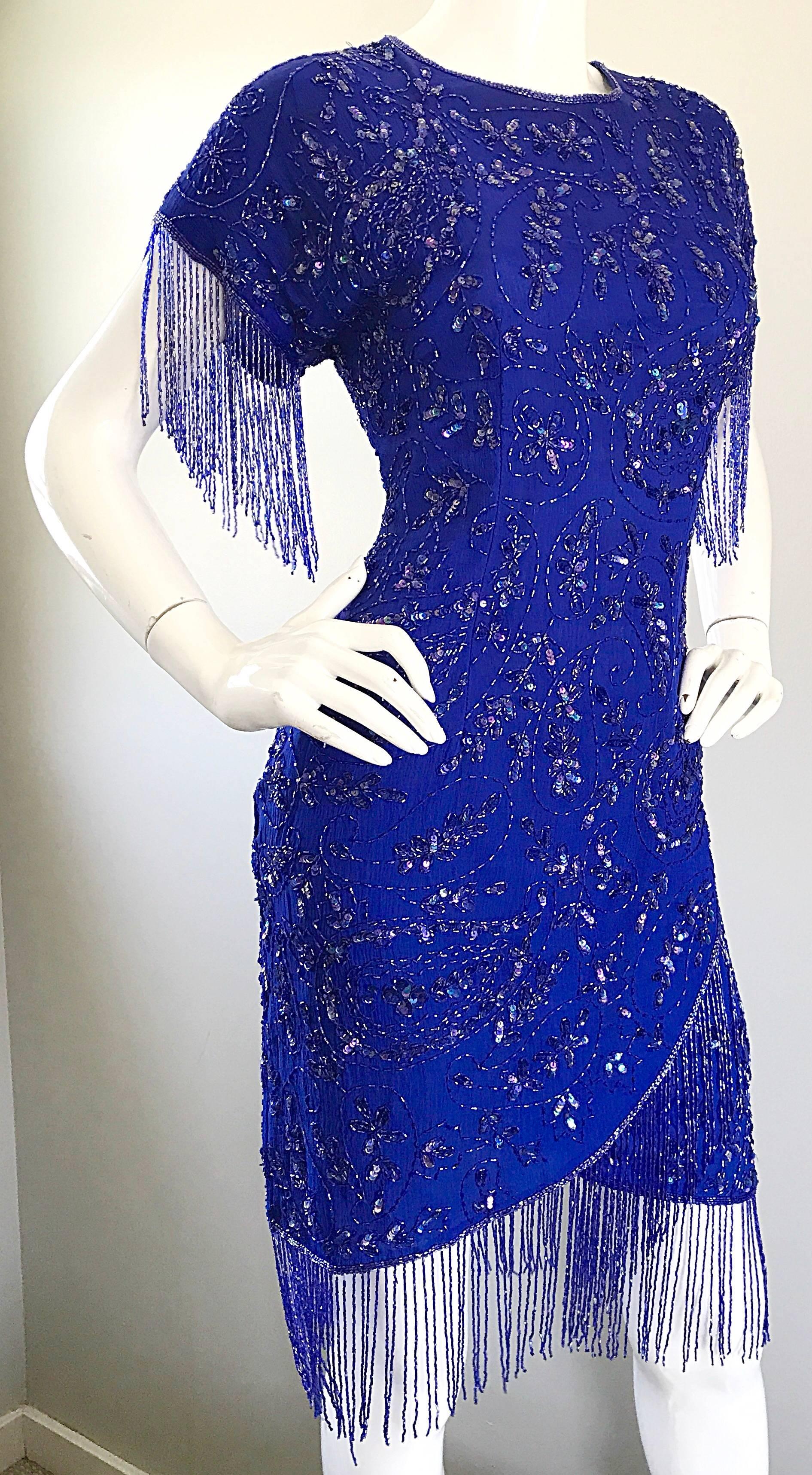 Unglaubliche 1990er Royal Blue Vintage Seide Perlen & Fransen Vintage Flapper Kleid im Angebot 4