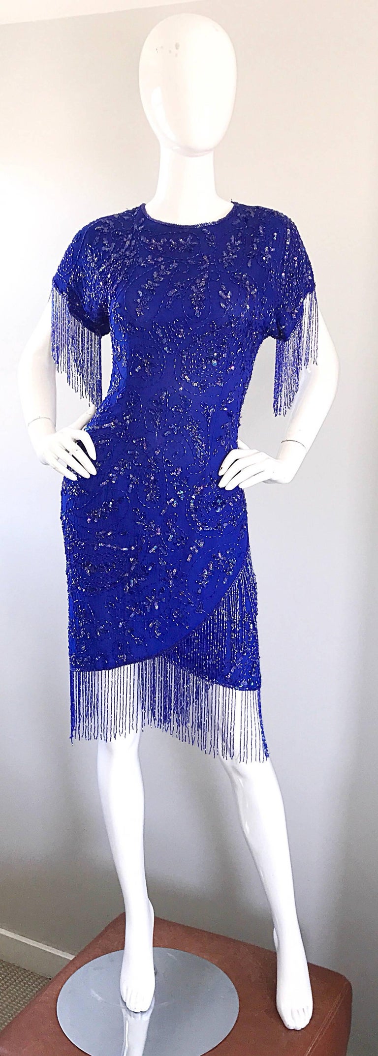 Incredible 1990s Royal Blue Vintage Silk Beaded & Fringe Vintage Flapper Dress