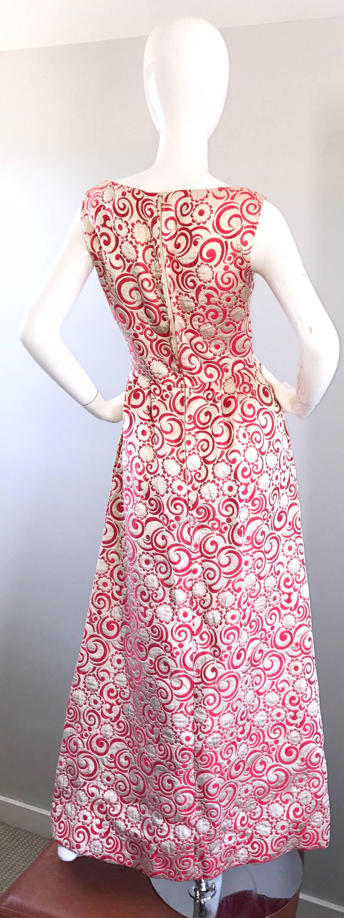 Women's Ceil Chapman 1960s Raspberry Pink + Gold Silk Brocade Flower Vintage 60s Gown  For Sale